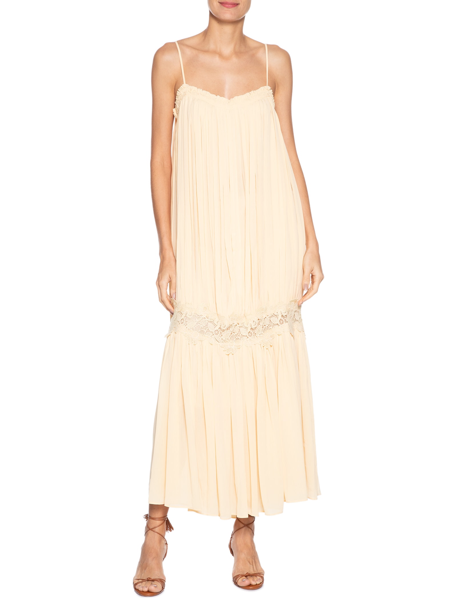 Vestido Feminino Midi Com Aplicação de Renda Amarelo '2Essential