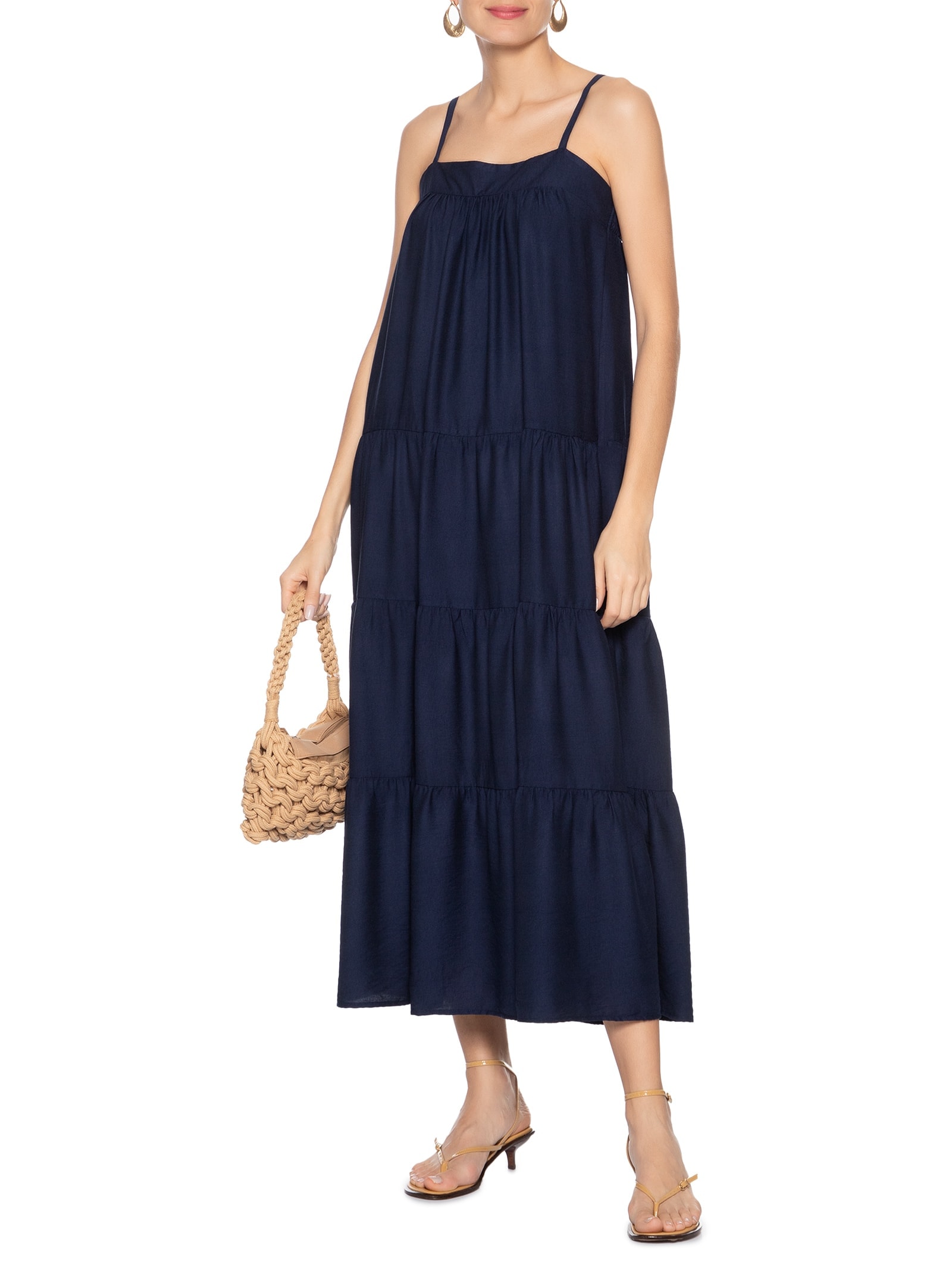 Vestido Feminino Midi Com Recortes Azul Market 33