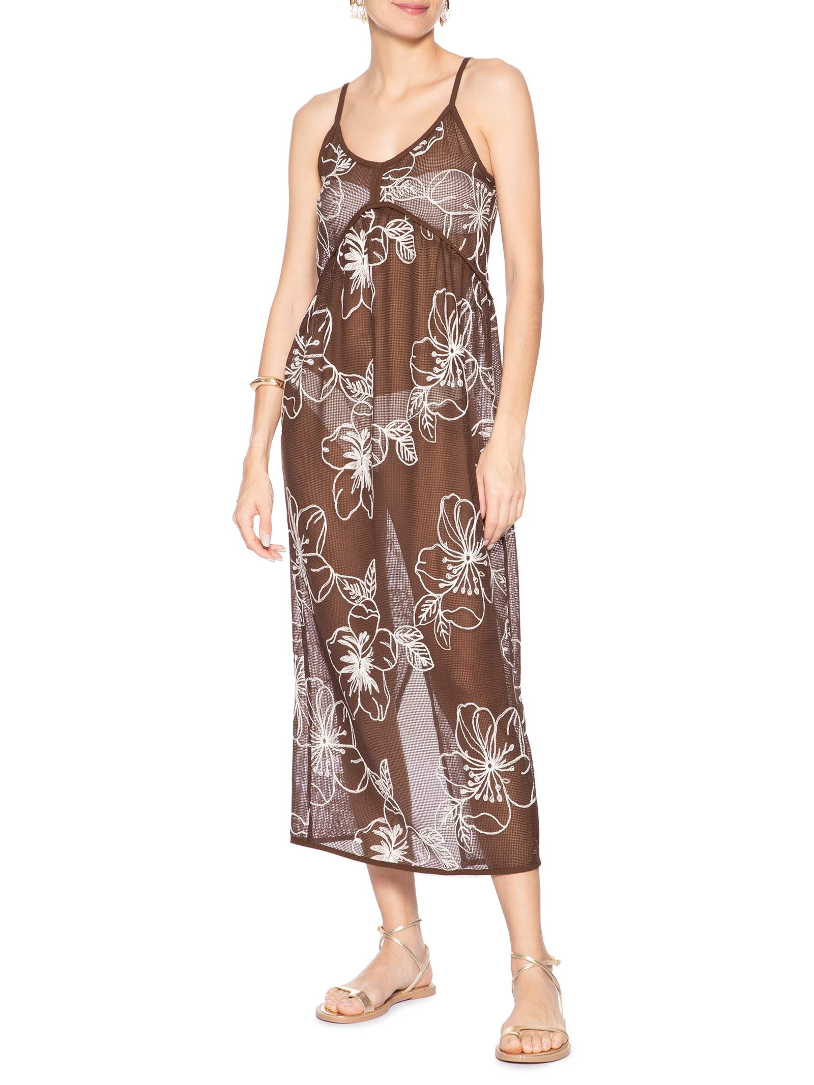 Vestido Feminino Midi Com Recortes E Franzido Marrom '2Essential