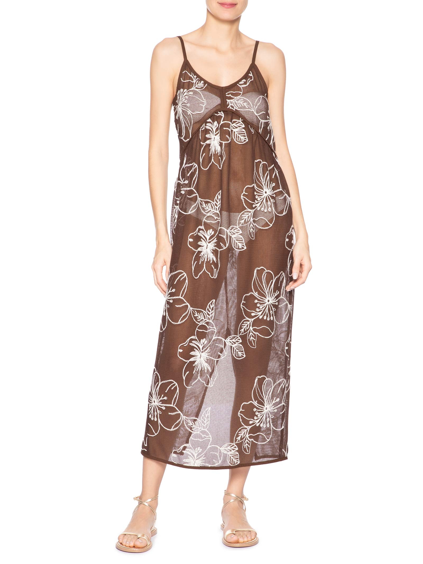 Vestido Feminino Midi Com Recortes E Franzido Marrom '2Essential