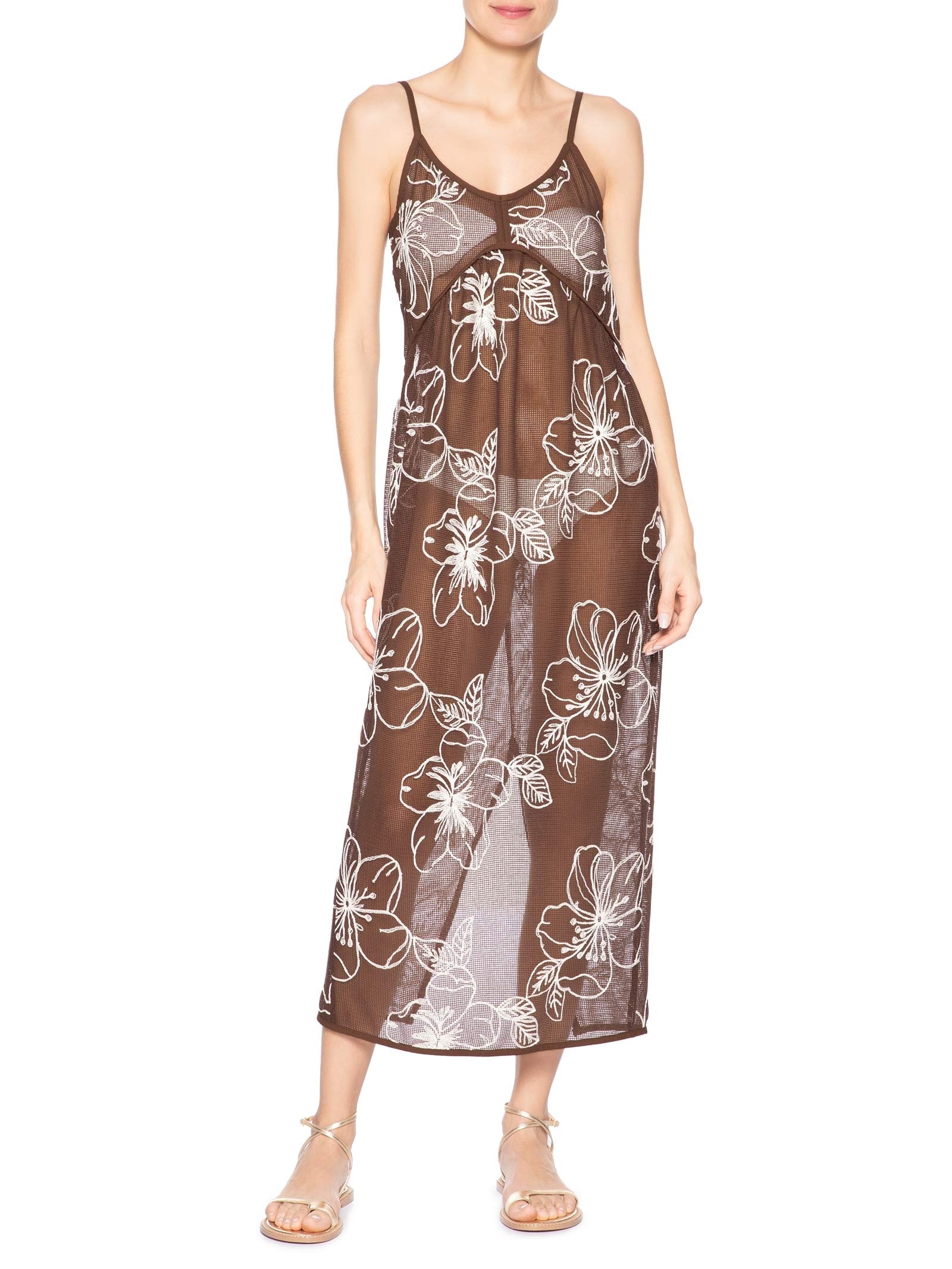 Vestido Feminino Midi Com Recortes E Franzido Marrom '2Essential