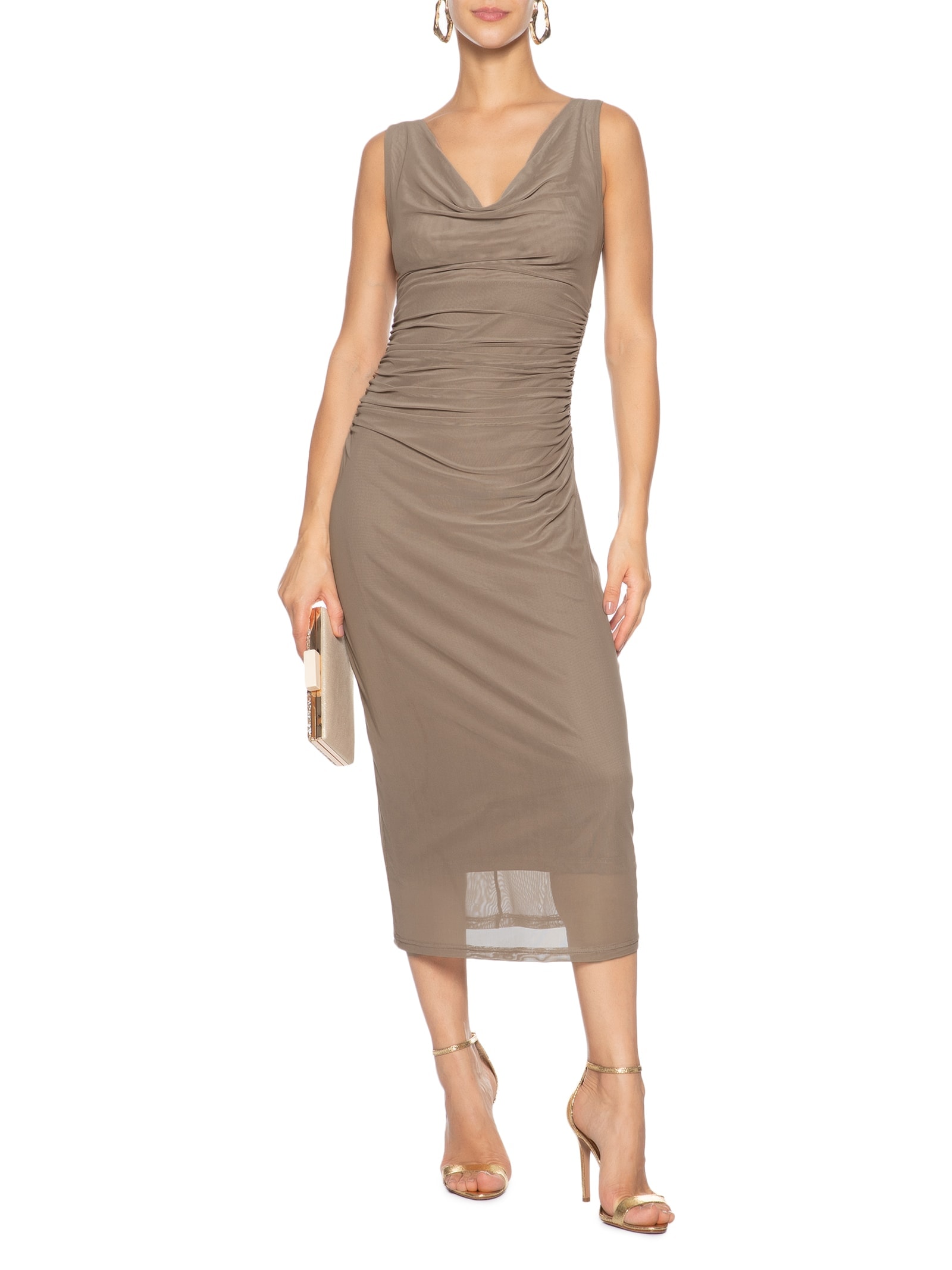 Vestido Feminino Midi Drapeado Bege Market 33