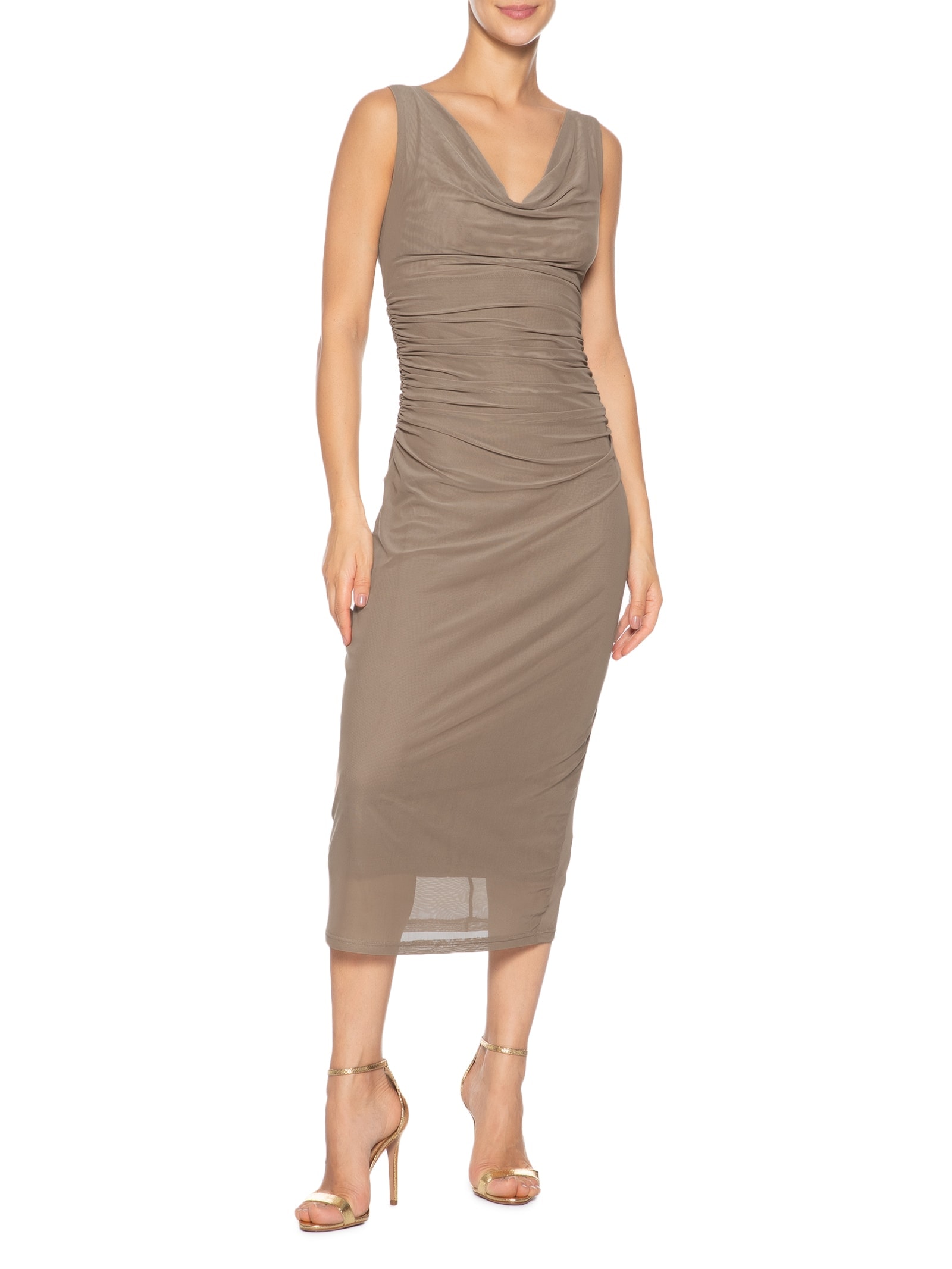 Vestido Feminino Midi Drapeado Bege Market 33