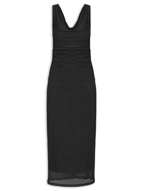 Vestido Feminino Midi Drapeado – Preto