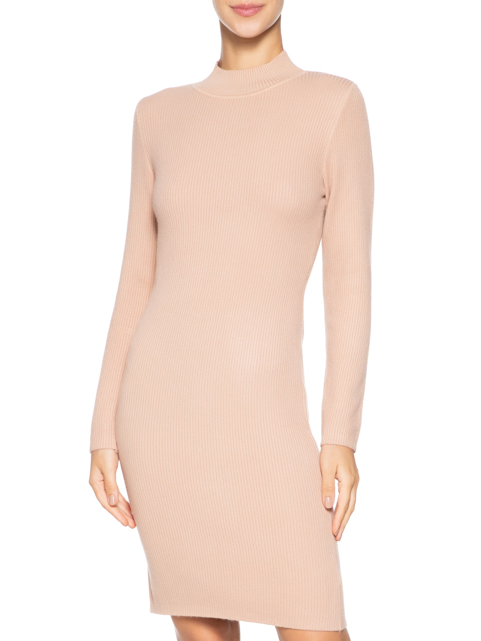 Vestido Feminino Tricot Manga Longa Bege Basiq