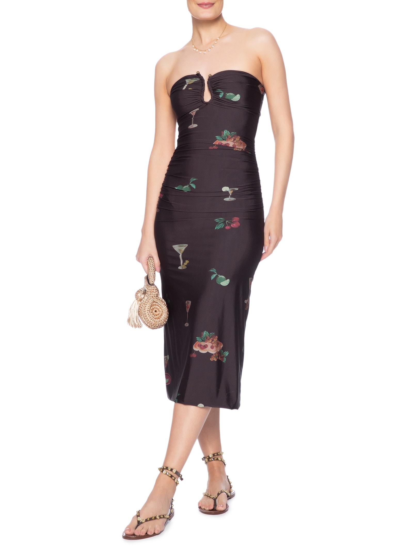 Vestido Franzido Coquetel Tropical Marrom  Farm