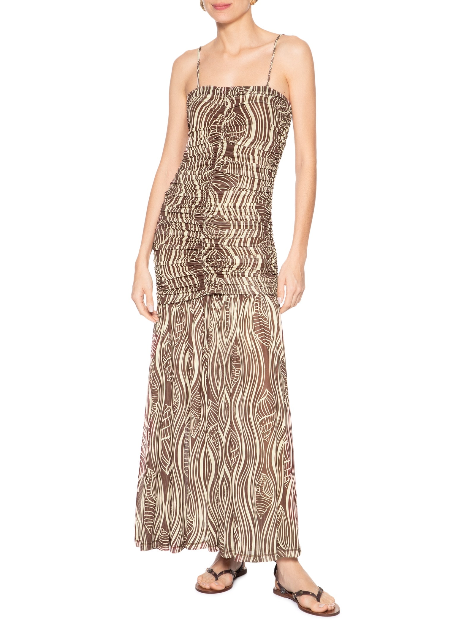 Vestido Franzido Estampa Som Do Mar Marrom Dress To