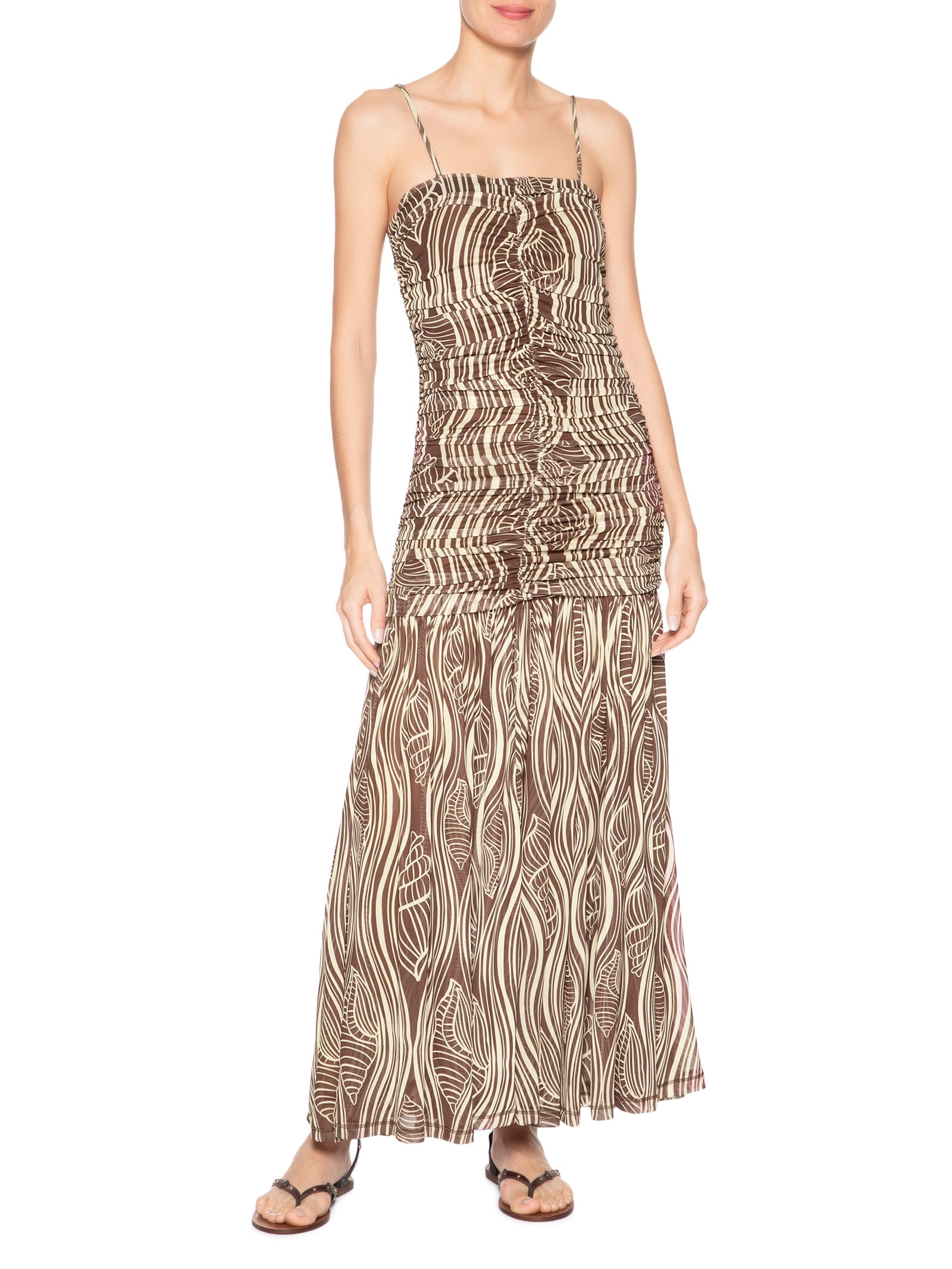 Vestido Franzido Estampa Som Do Mar Marrom Dress To