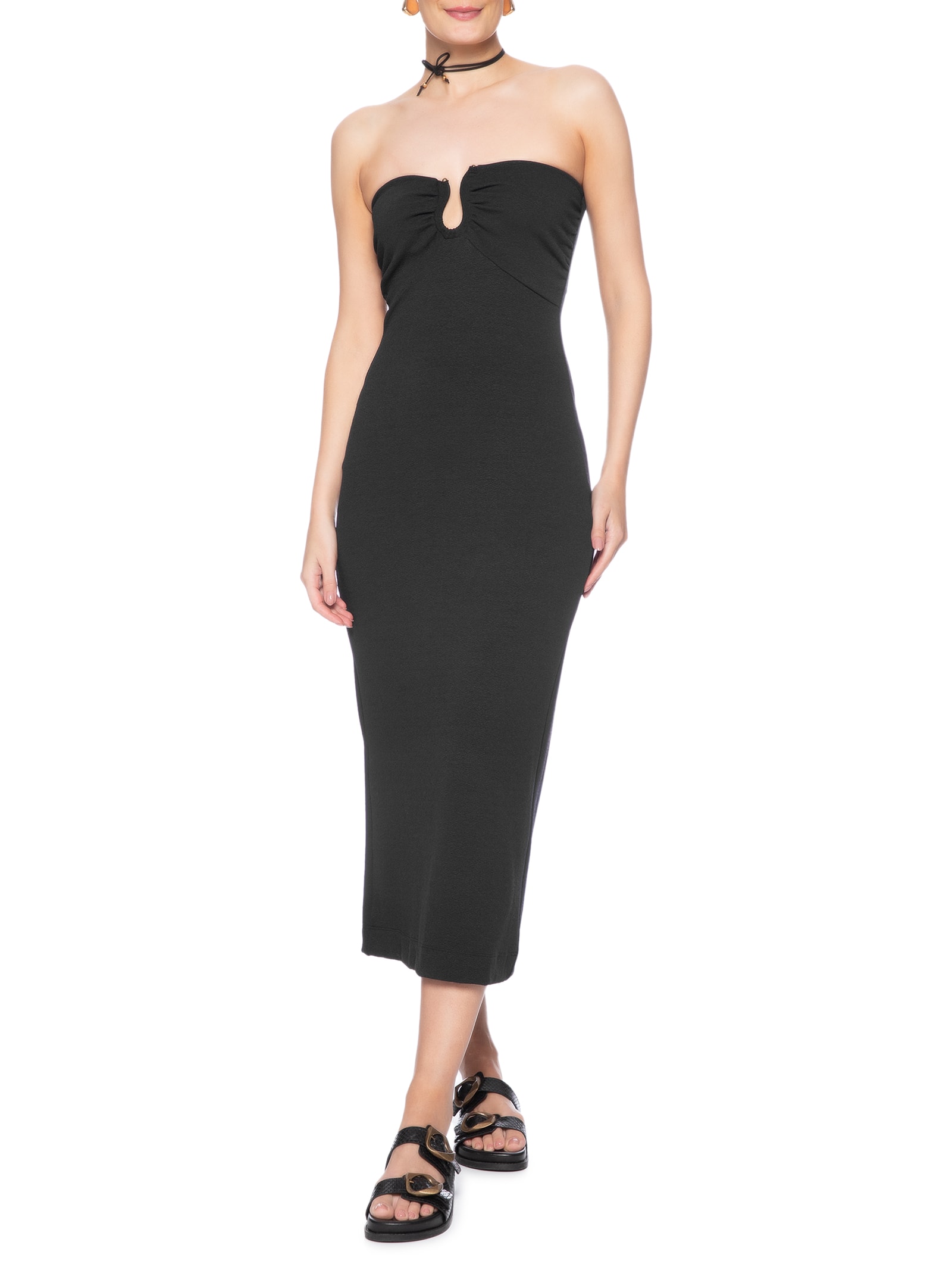 Vestido Franzido Midi Preto Farm