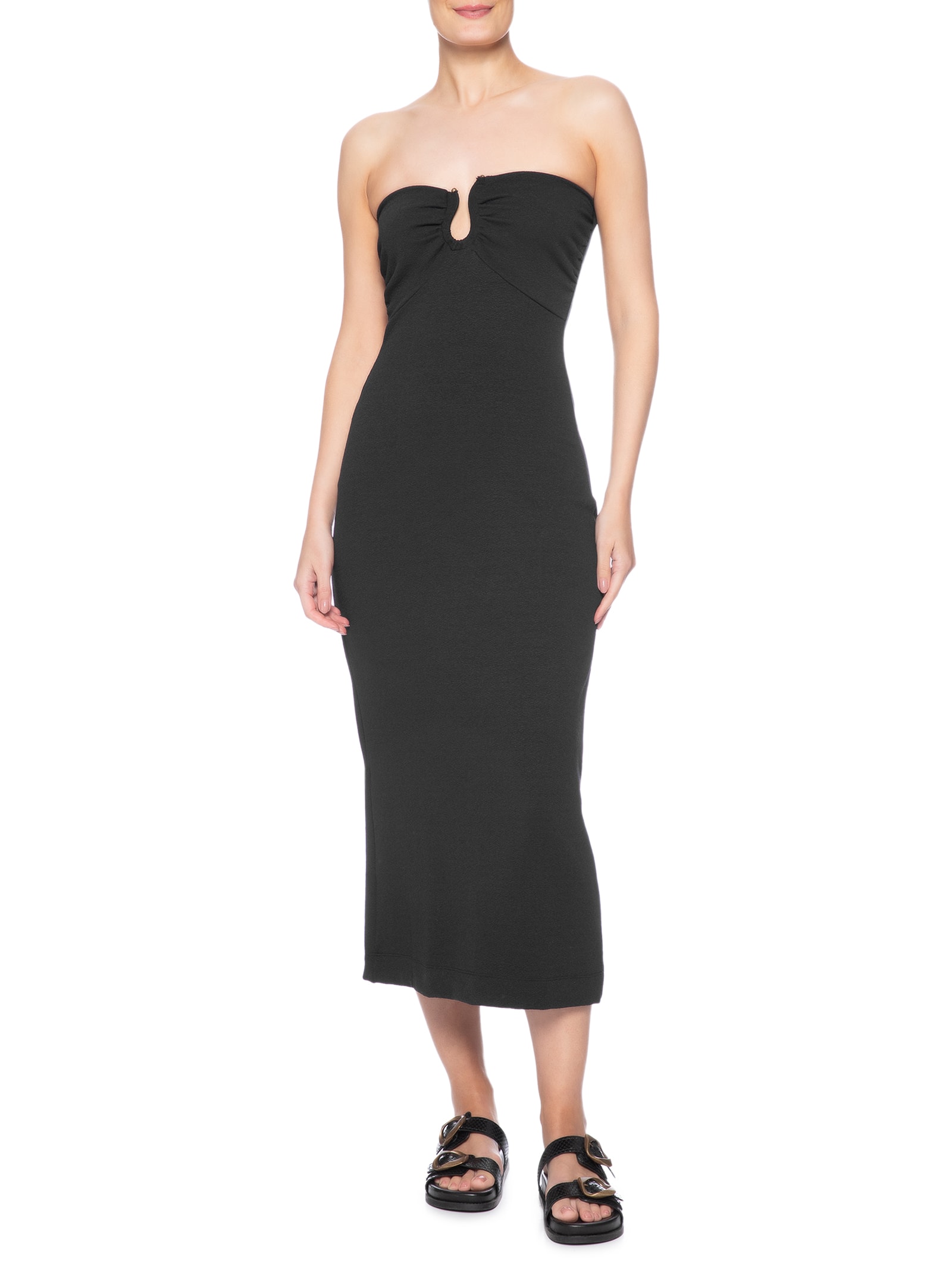 Vestido Franzido Midi Preto Farm