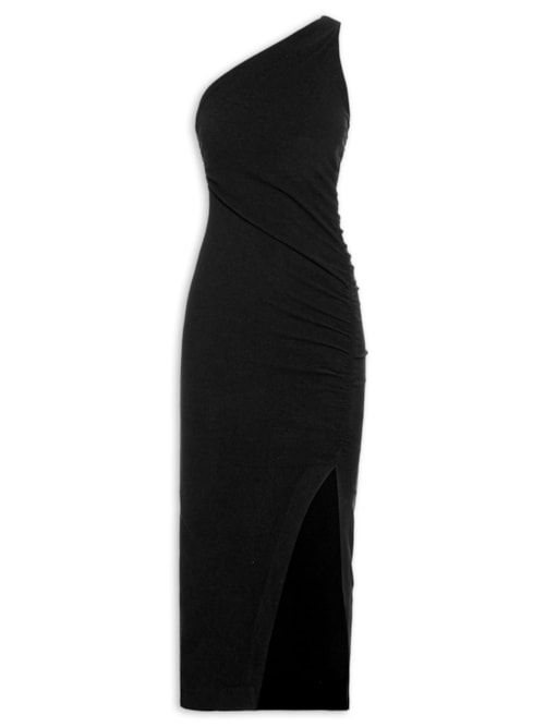Vestido Franzido Midi Um Ombro Só – Preto