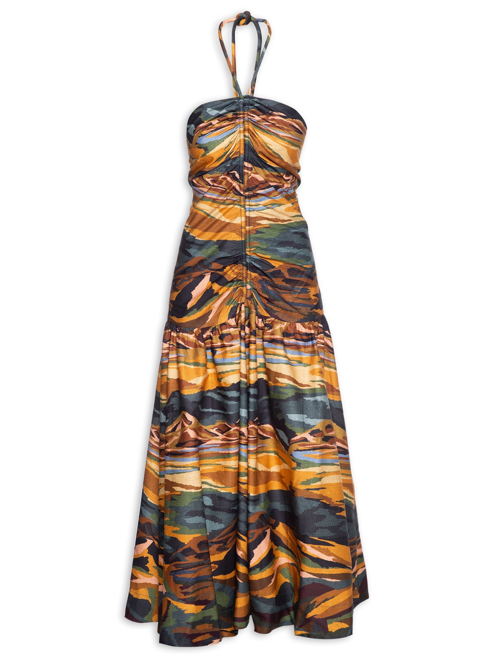 Vestido Franzido Montanhas Coloridas Marrom Farm