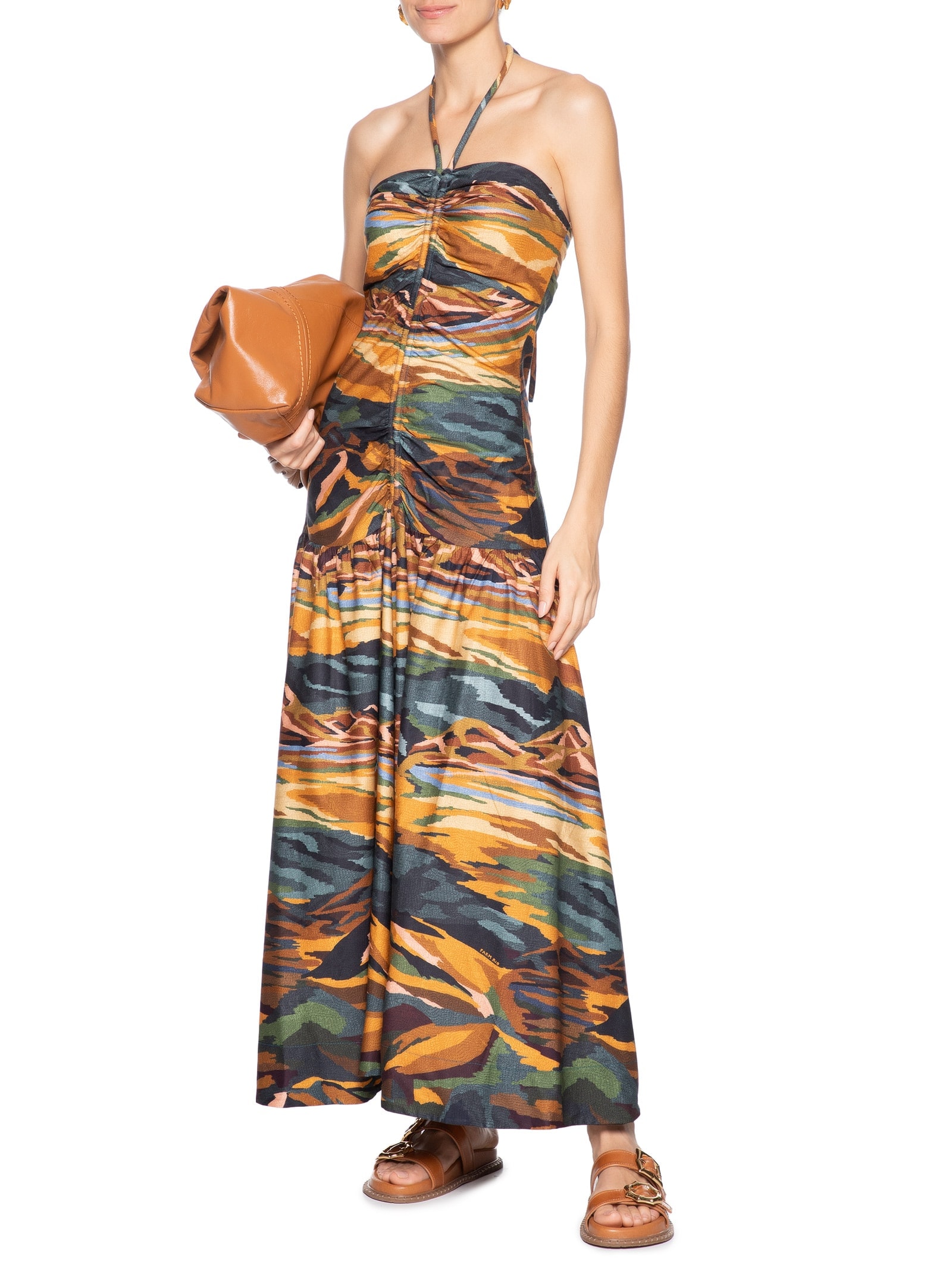 Vestido Franzido Montanhas Coloridas Marrom Farm