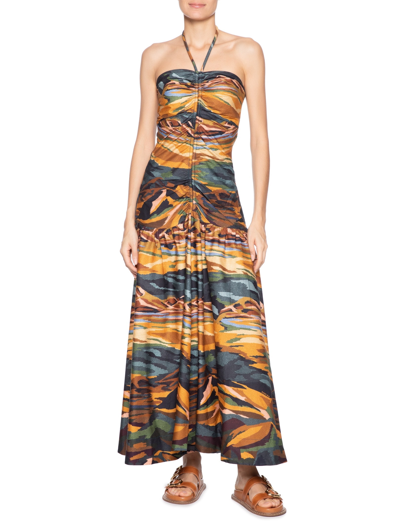 Vestido Franzido Montanhas Coloridas Marrom Farm