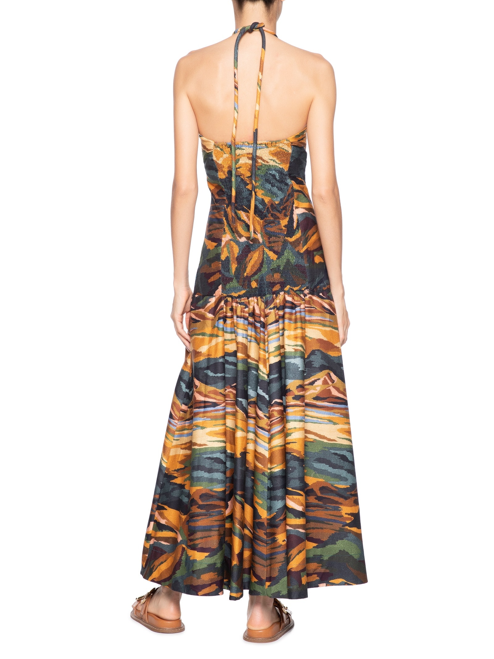 Vestido Franzido Montanhas Coloridas Marrom Farm