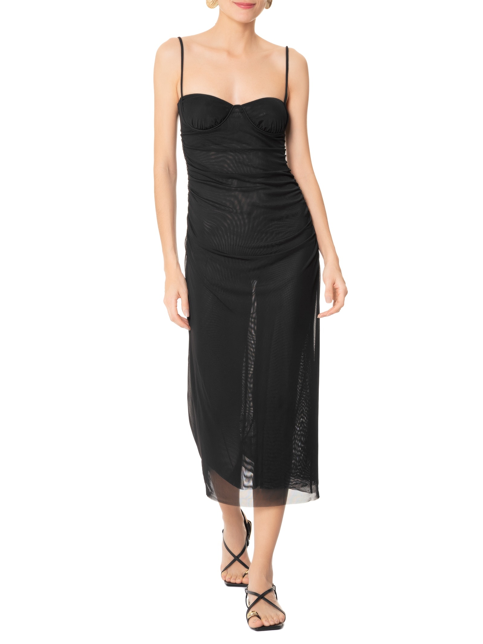 Vestido Franzido Tule Preto Farm