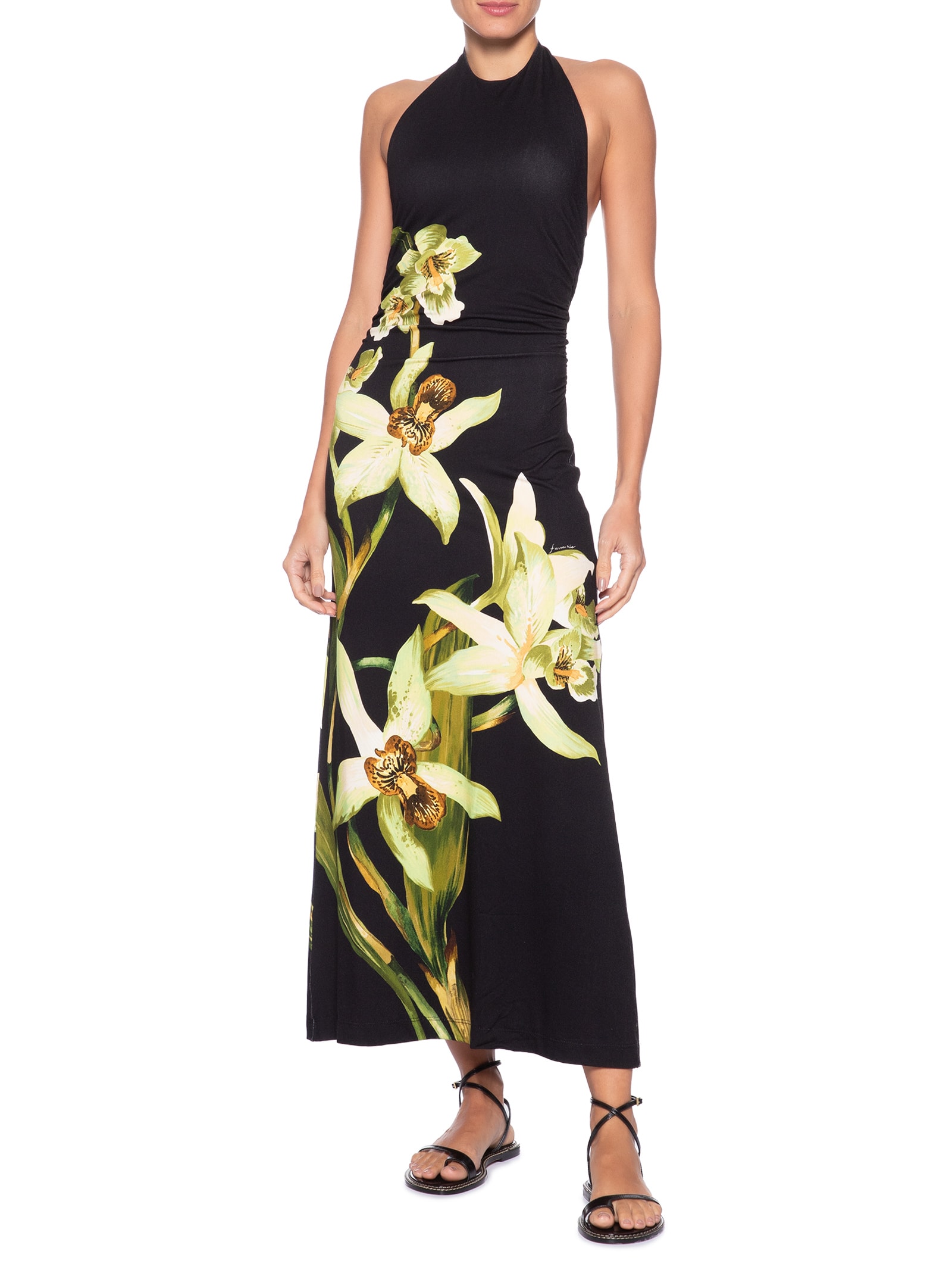 Vestido Frente Única Floral Orquídea Preto Farm