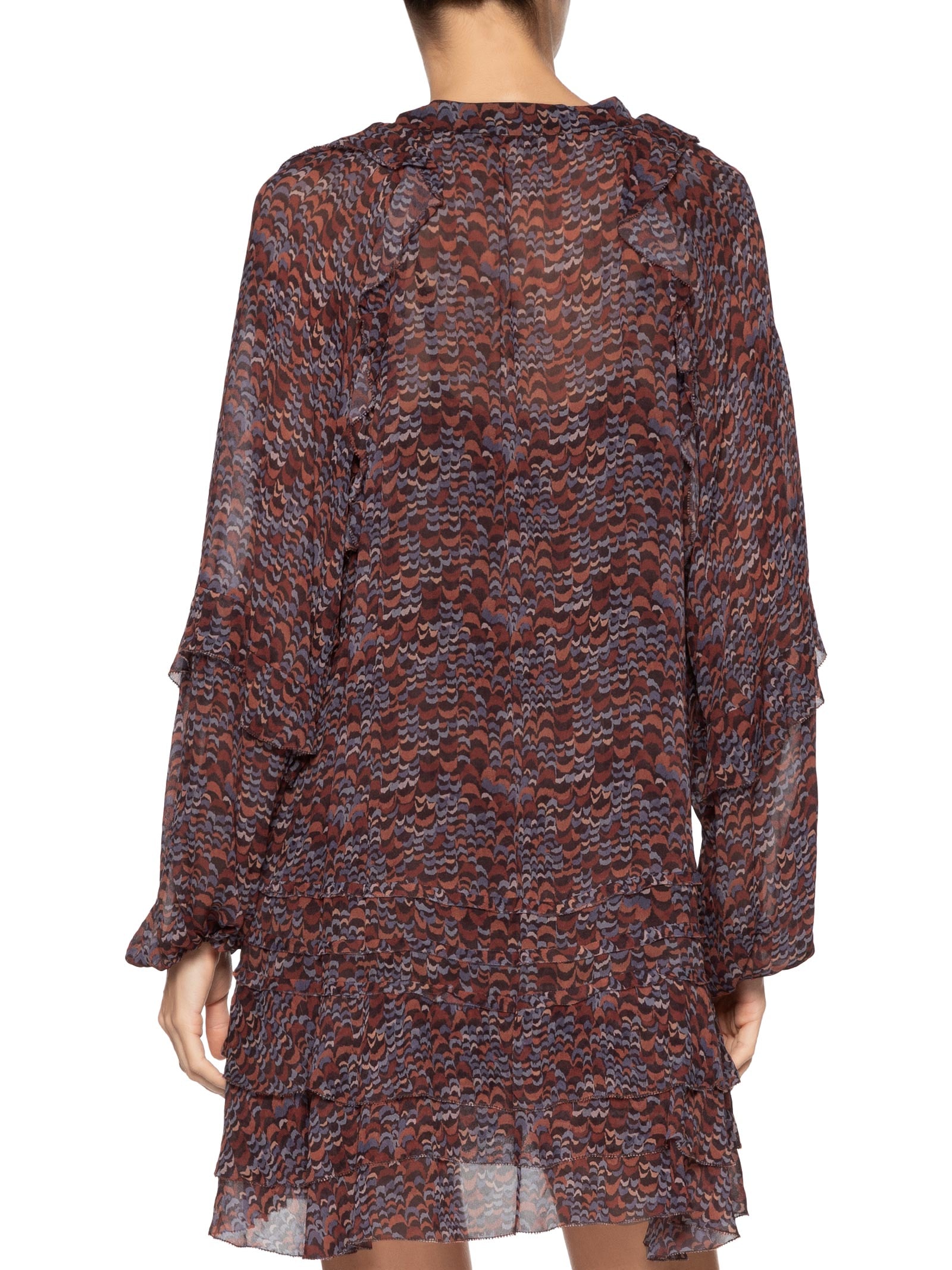 Vestido Georgette Curto Estampado Manga Longa Com Babados Roxo Animale