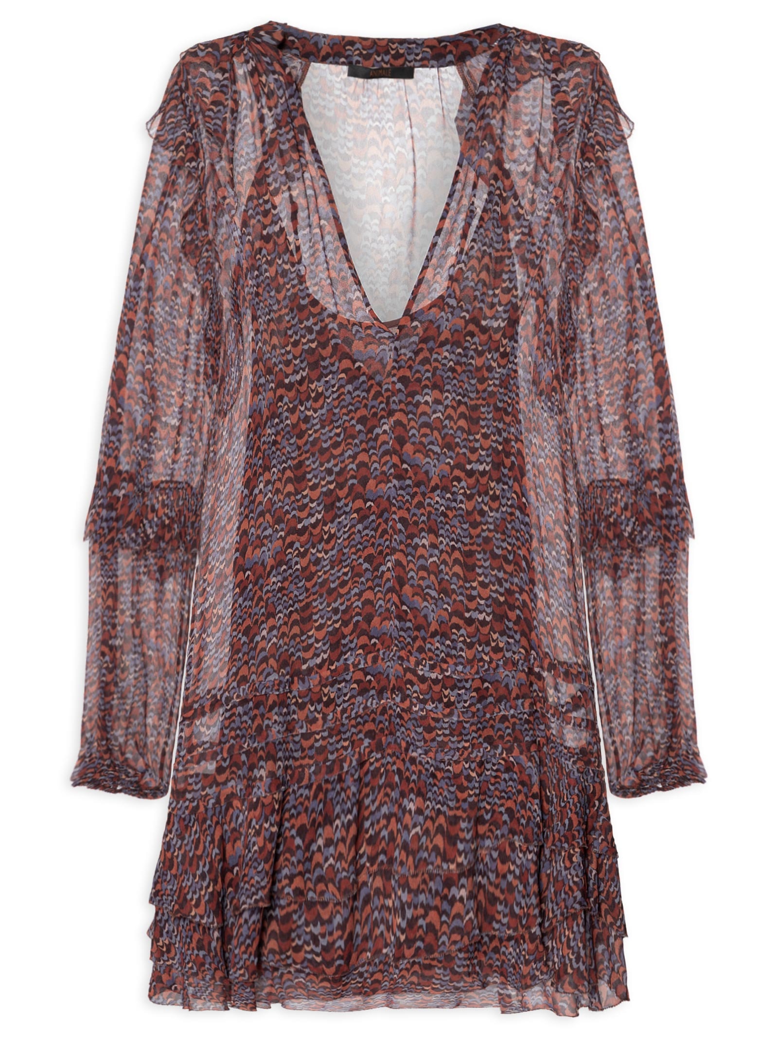 Vestido Georgette Curto Estampado Manga Longa Com Babados Roxo Animale