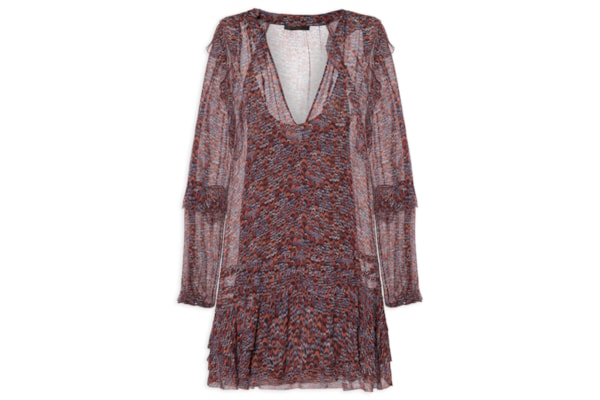 Vestido Georgette Curto Estampado Manga Longa Com Babados - Roxo