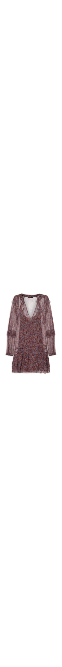 Vestido Georgette Curto Estampado Manga Longa Com Babados - Roxo