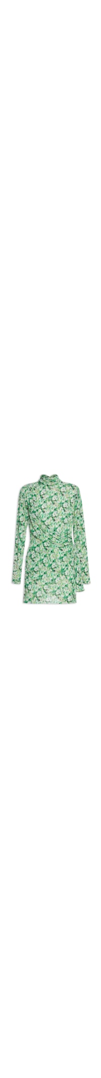 Vestido Gola Alta Manga Longa Floral Curto - Verde