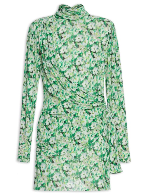 Vestido Gola Alta Manga Longa Floral Curto - Verde