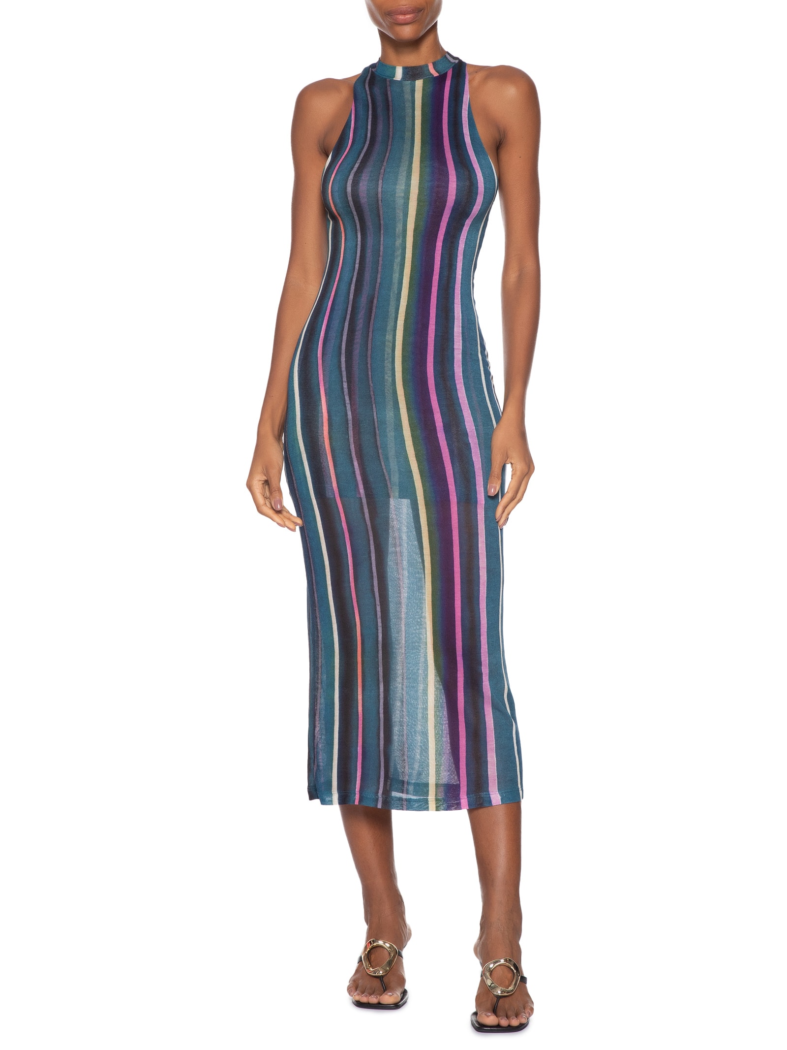 Vestido Gola Alta Manga Tr Estampado Azul Animale