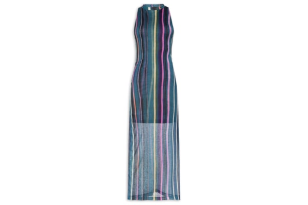 Vestido Gola Alta Manga Tr Estampado - Azul