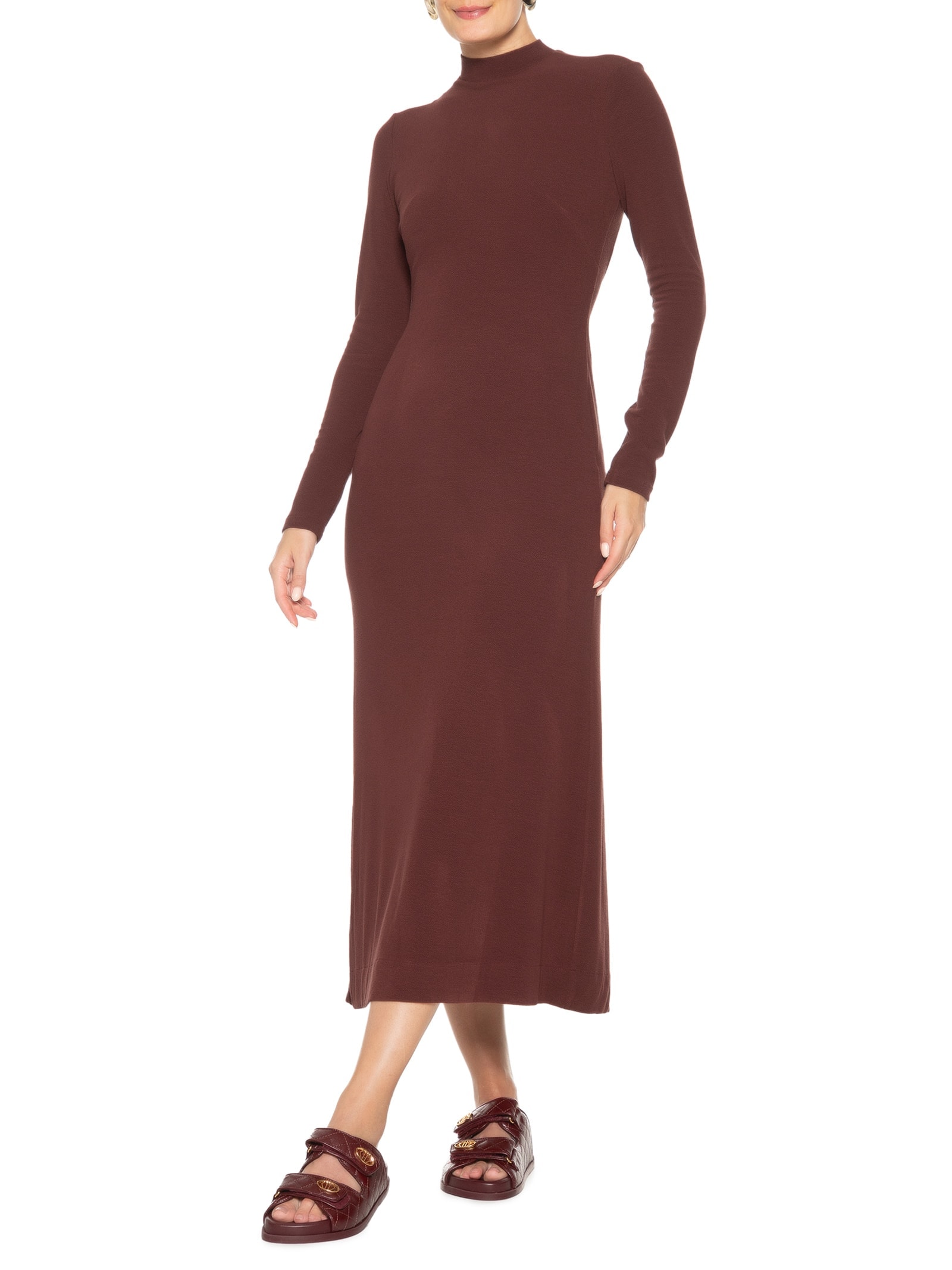 Vestido Golinha Decote Costas Crepe Marrom Farm