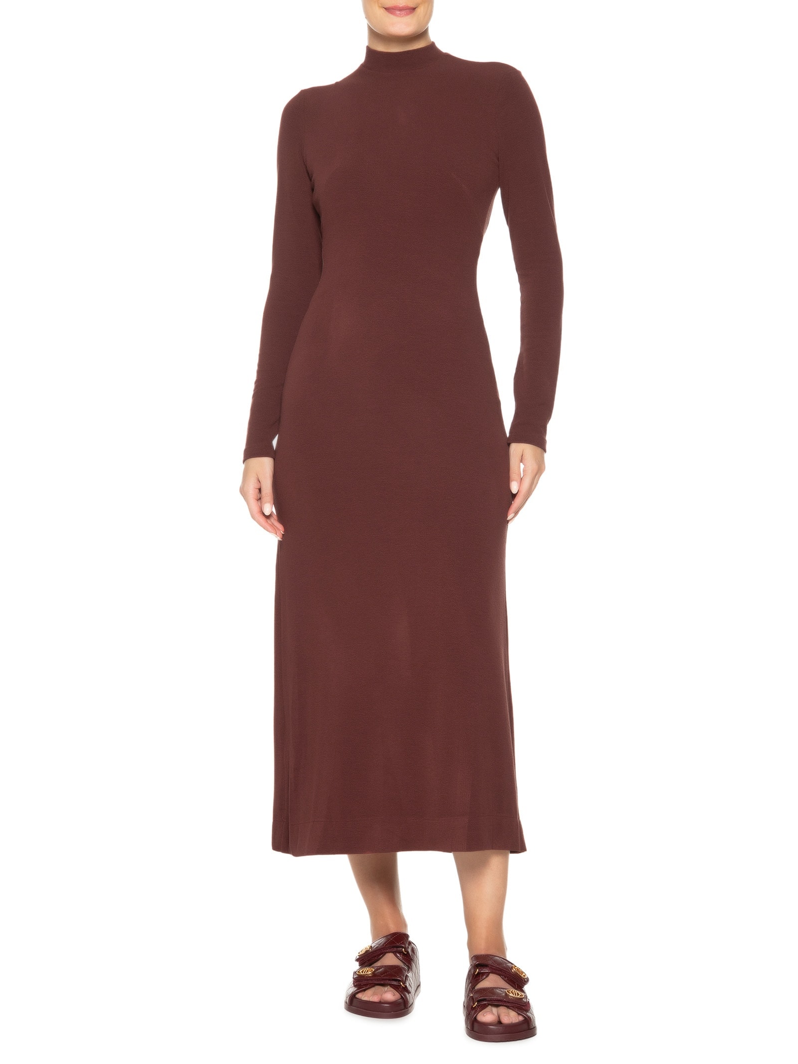 Vestido Golinha Decote Costas Crepe Marrom Farm