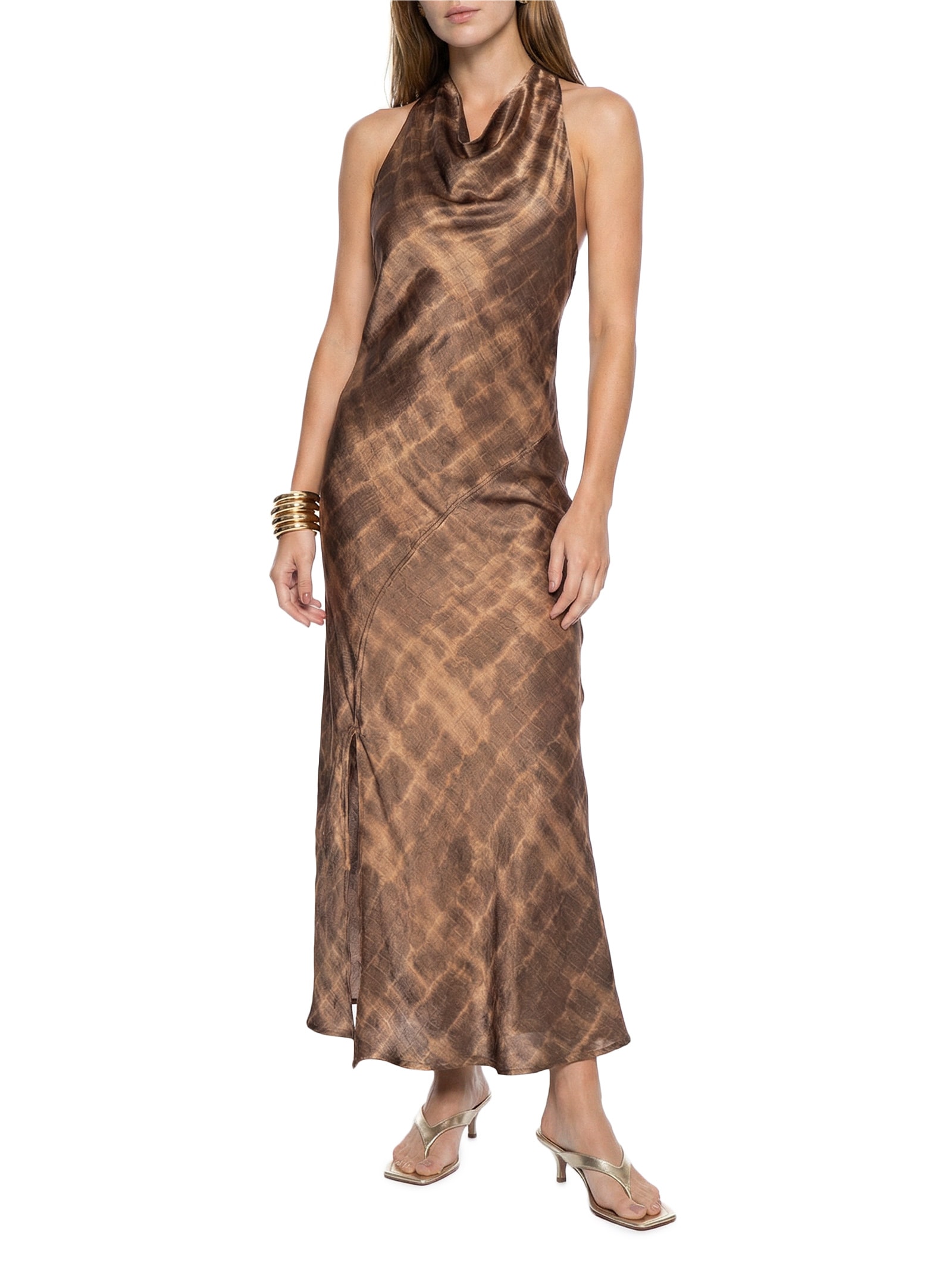 Vestido Halter Estampado Marrom Open