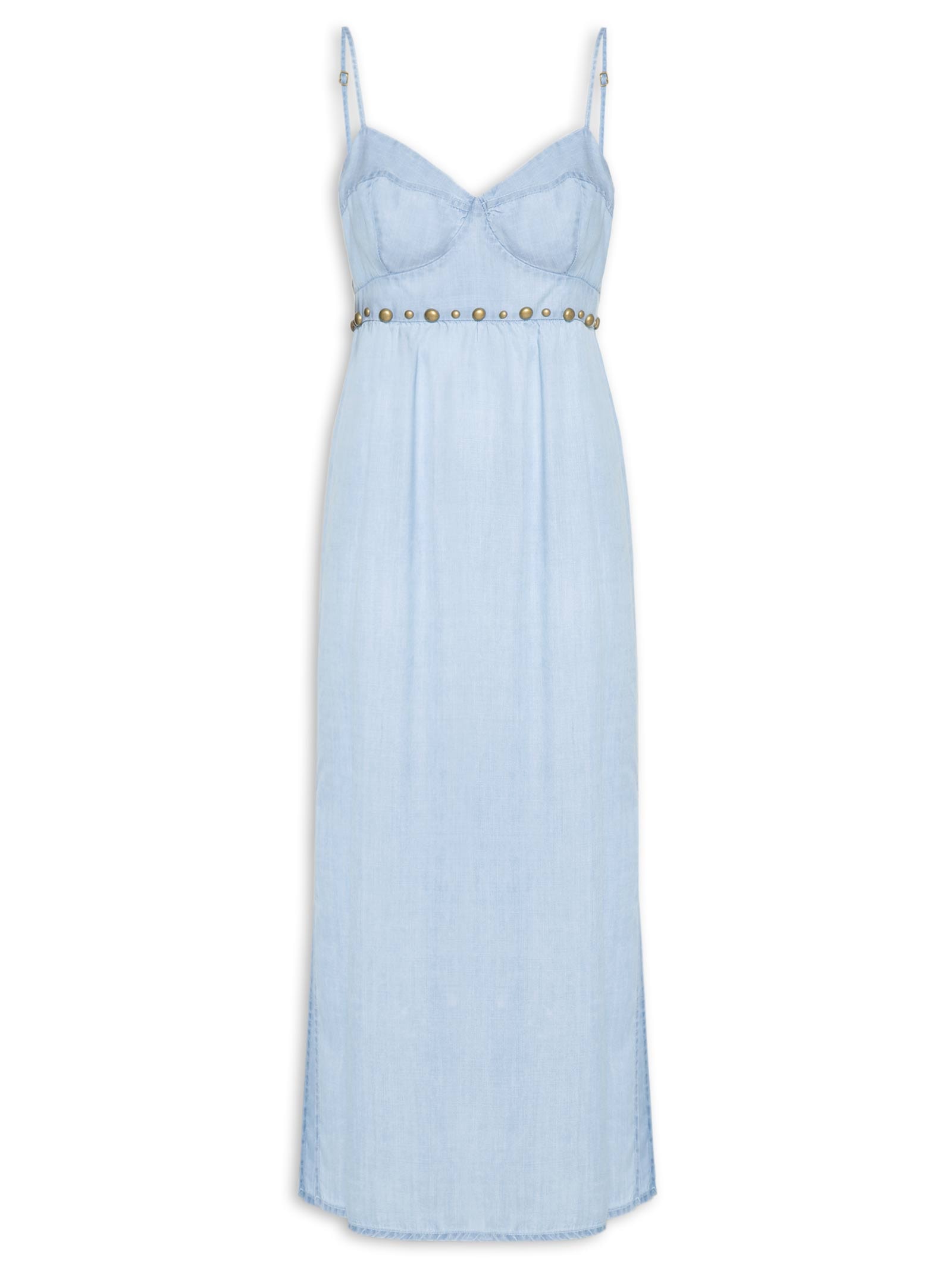 Vestido Jeans Bojo Alcinha Rebites Azul Maria Filó