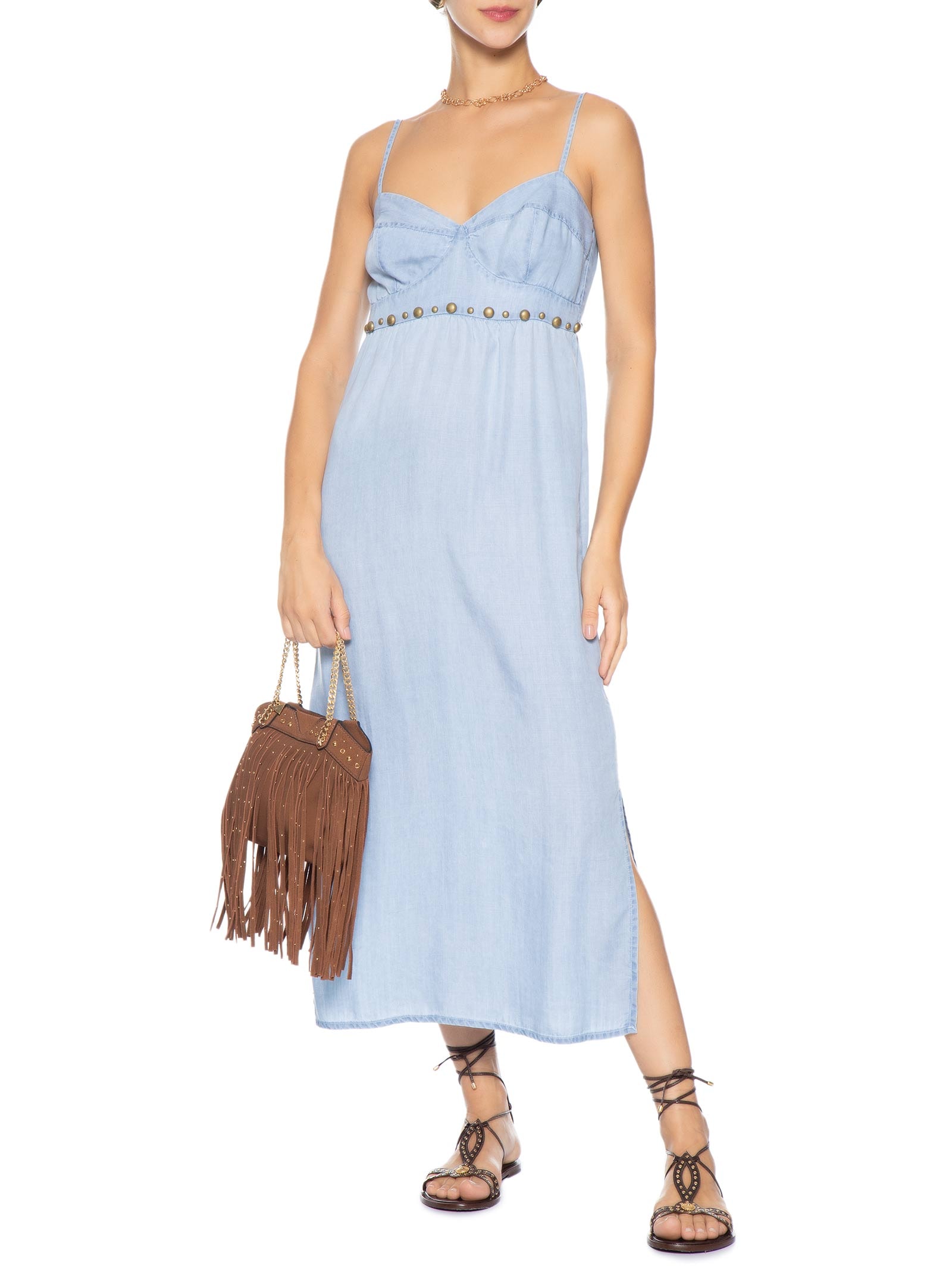 Vestido Jeans Bojo Alcinha Rebites Azul Maria Filó