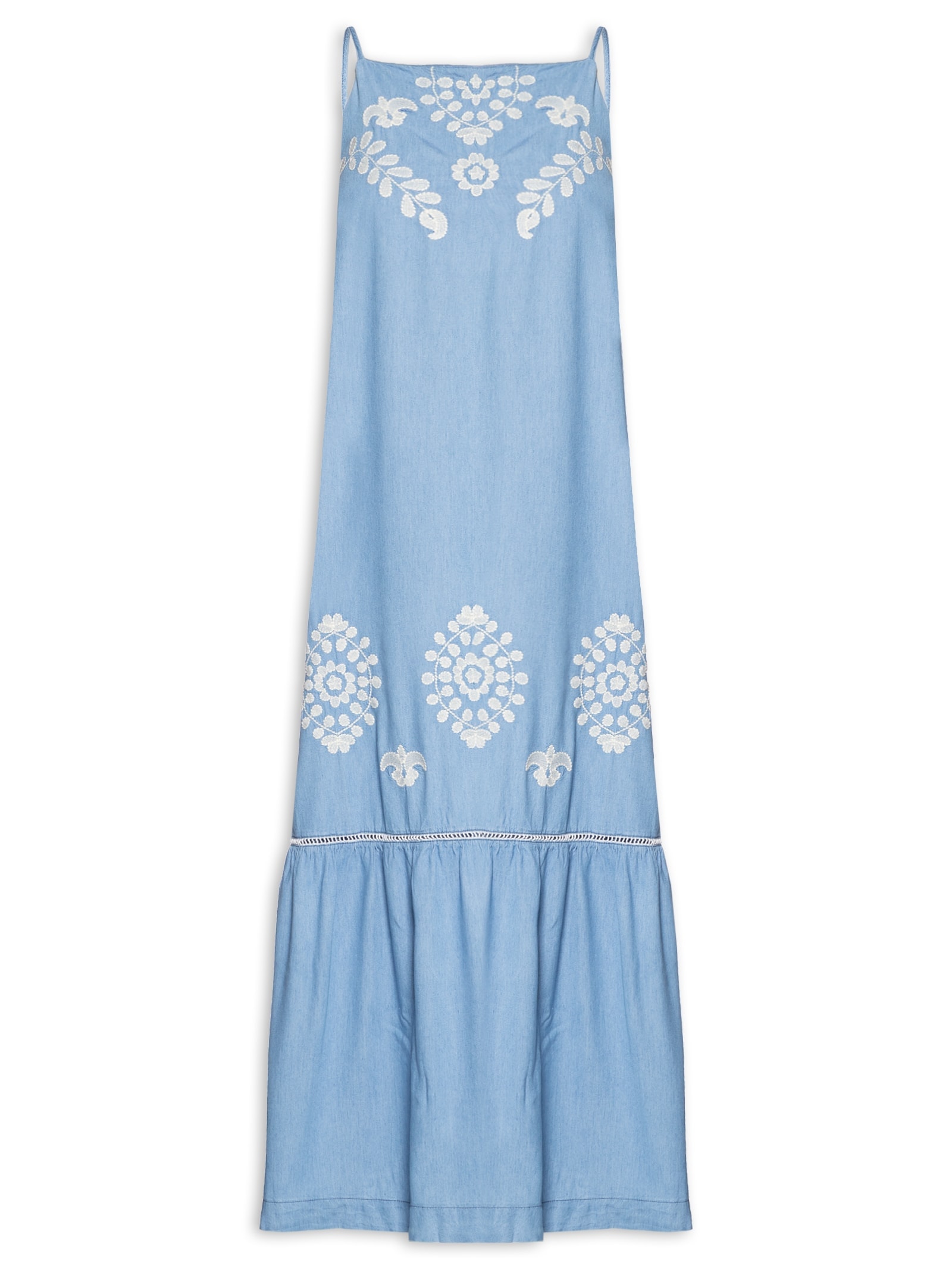 Vestido Jeans Bordado Boho Azul Cantão