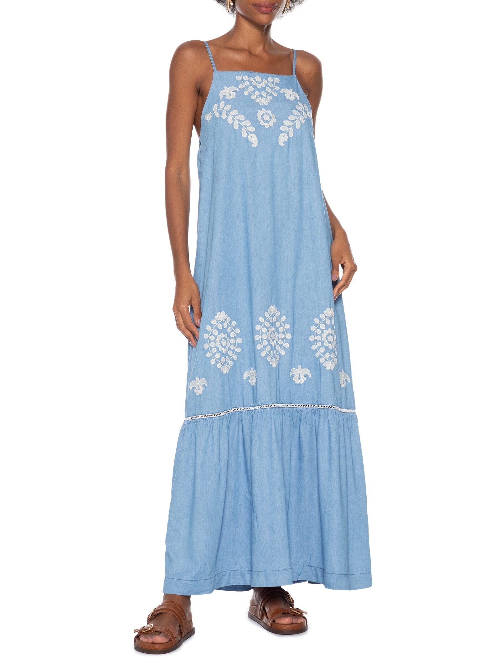 Vestido Jeans Bordado Boho Azul Cantão