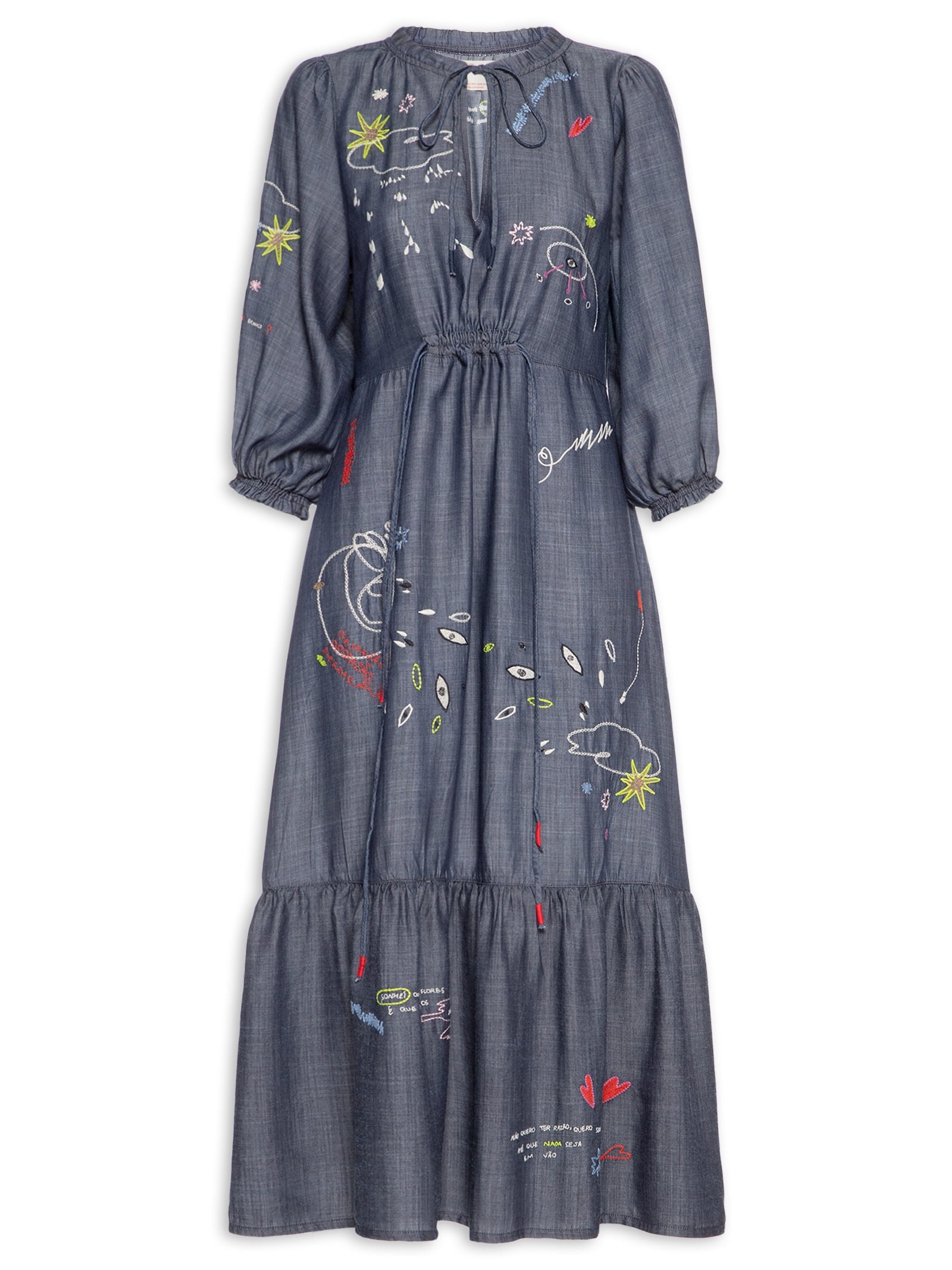 Vestido Jeans Bordado Desrazao Azul Cantão