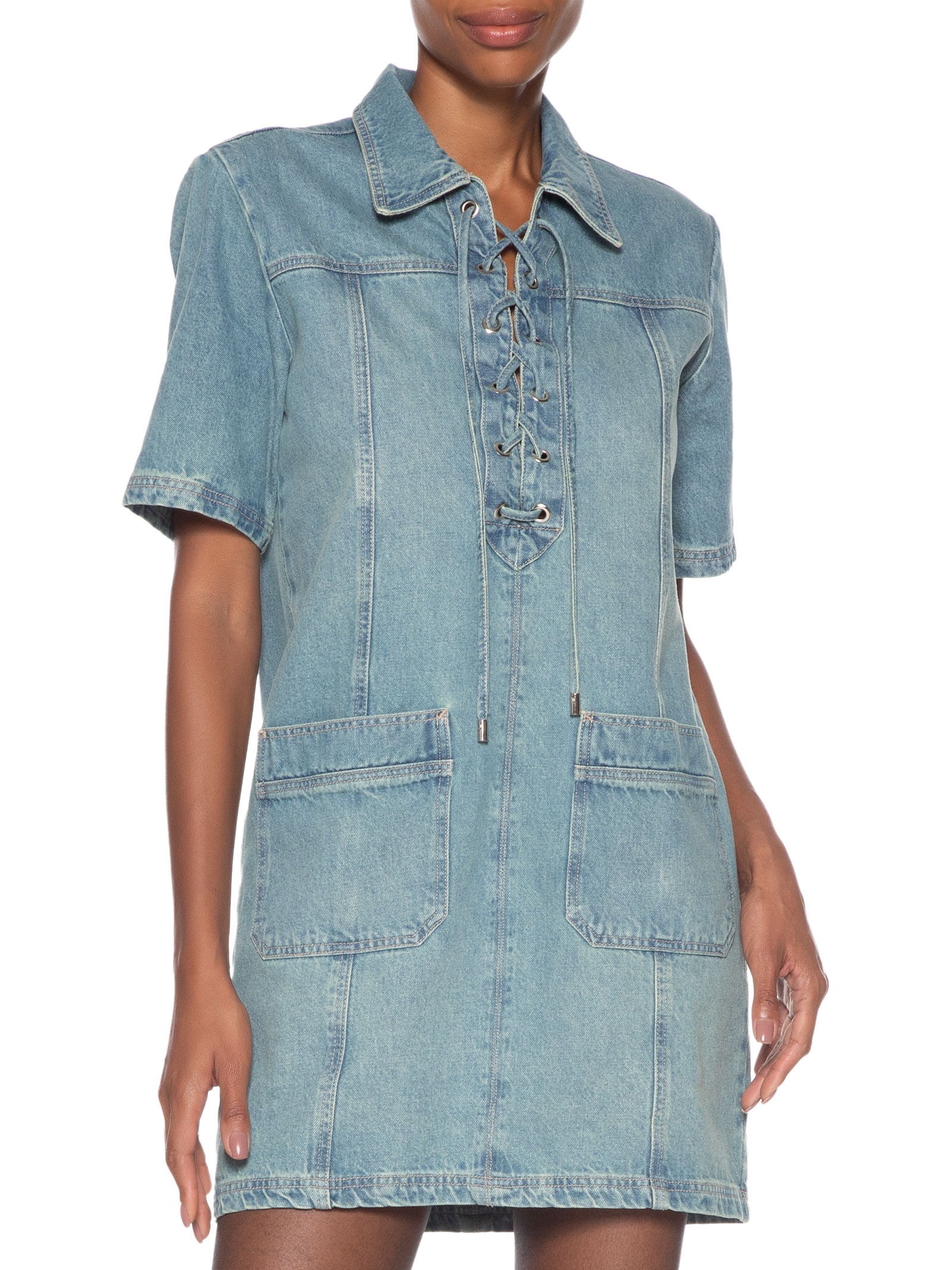 Vestido Jeans Curto Com Amarrações Azul Animale Jeans