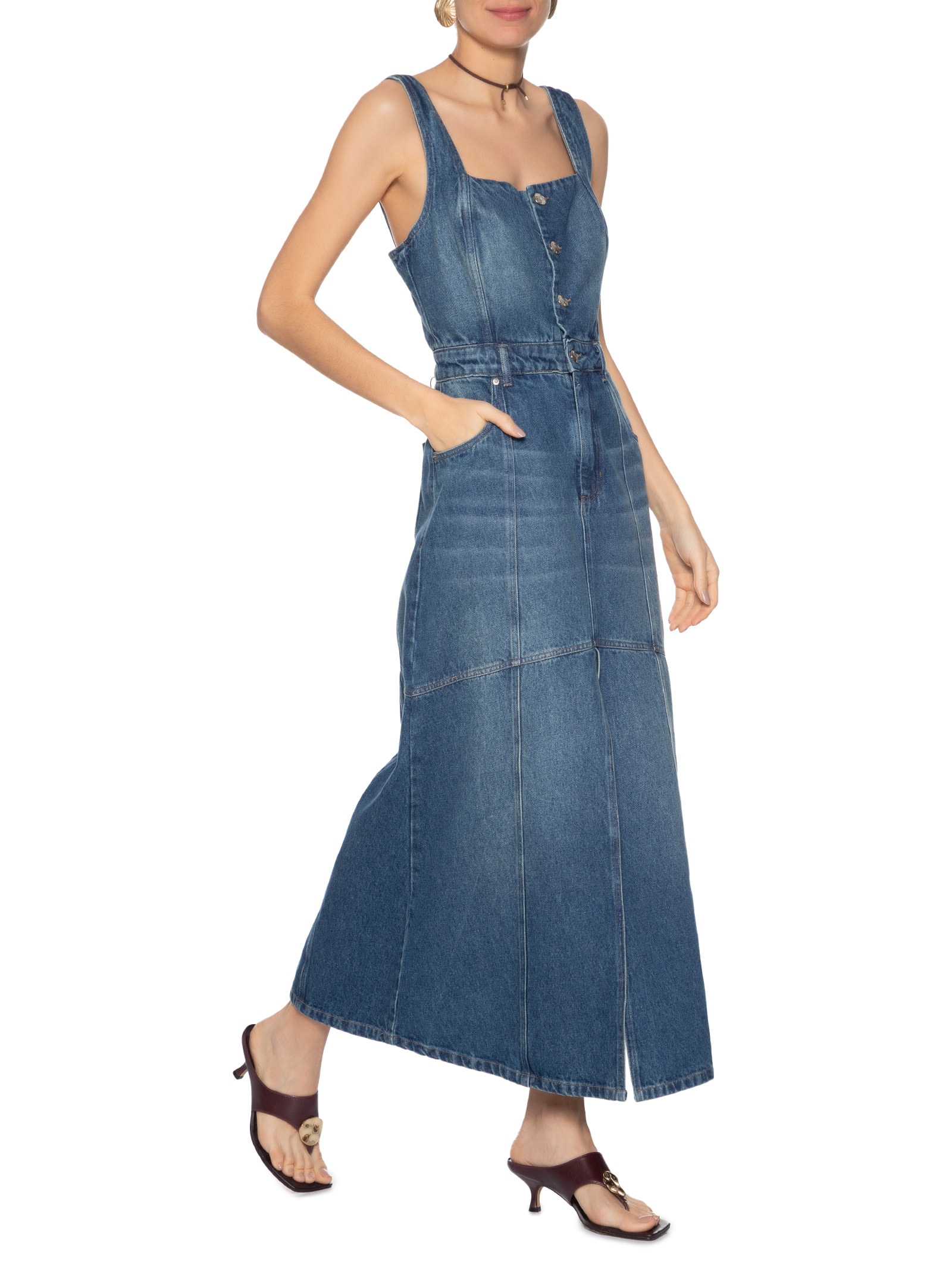 Vestido Jeans Longo Fenda Frontal Azul Animale Jeans