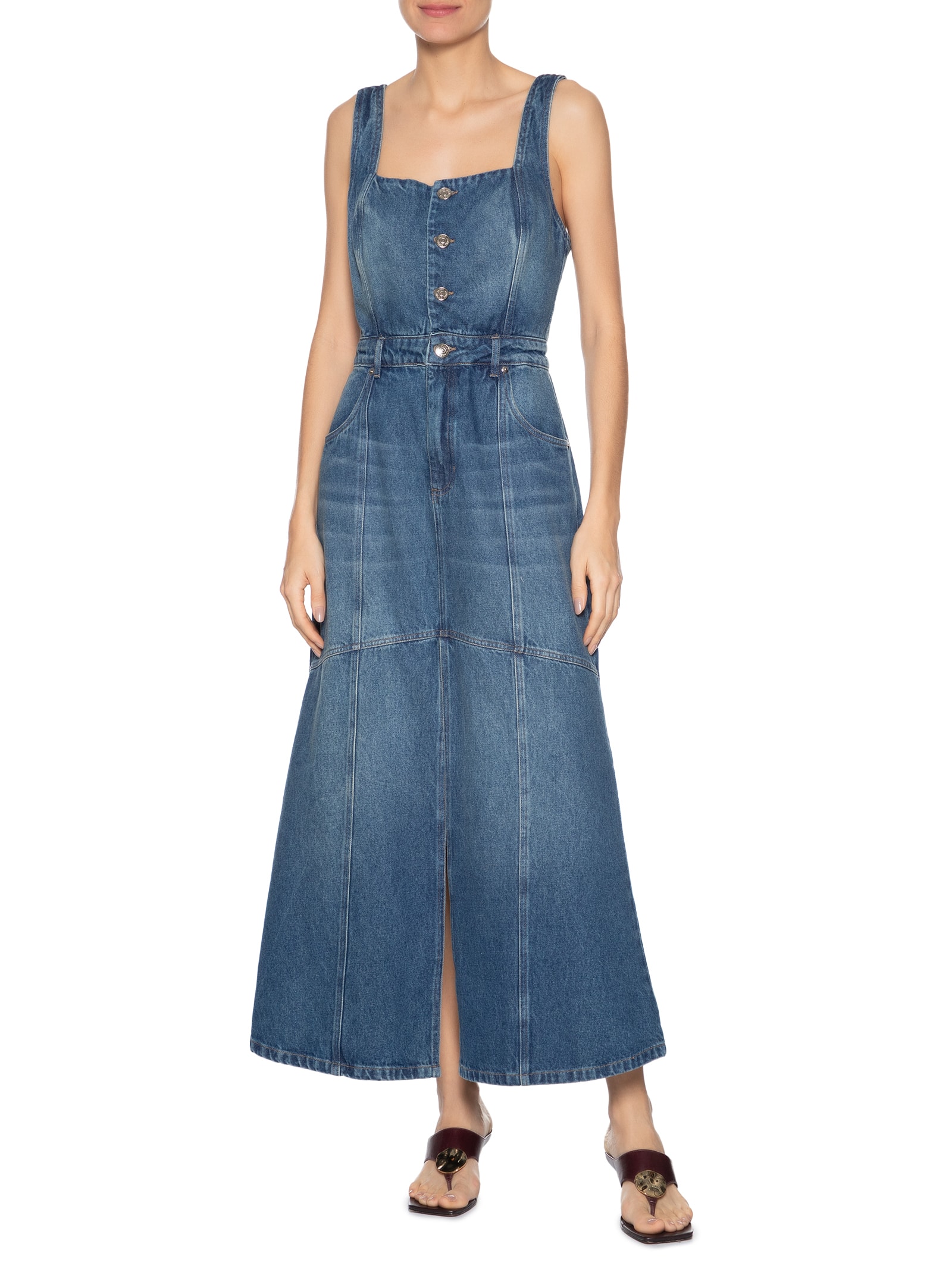 Vestido Jeans Longo Fenda Frontal Azul Animale Jeans