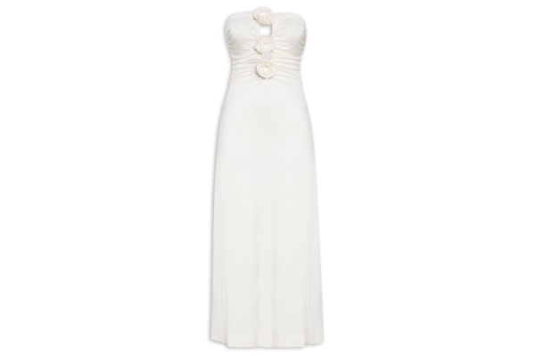 Vestido Jersey Flores Decote - Branco