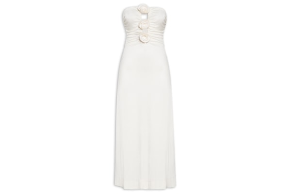 Vestido Jersey Flores Decote - Branco