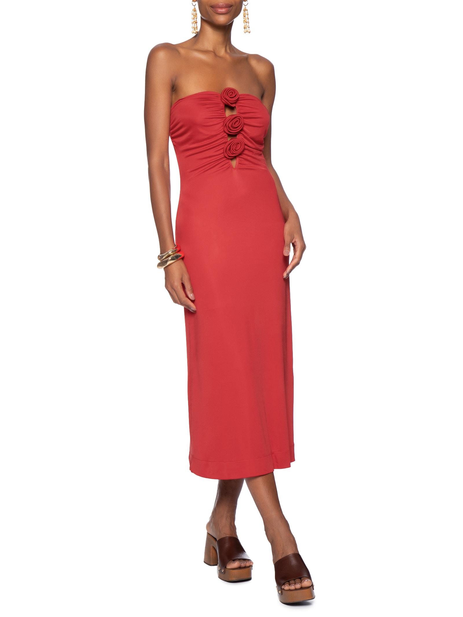 Vestido Jersey Flores Decote Vermelho Farm