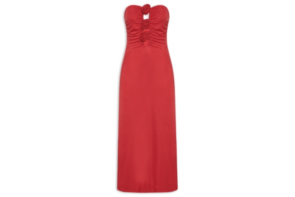 Vestido Jersey Flores Decote - Vermelho