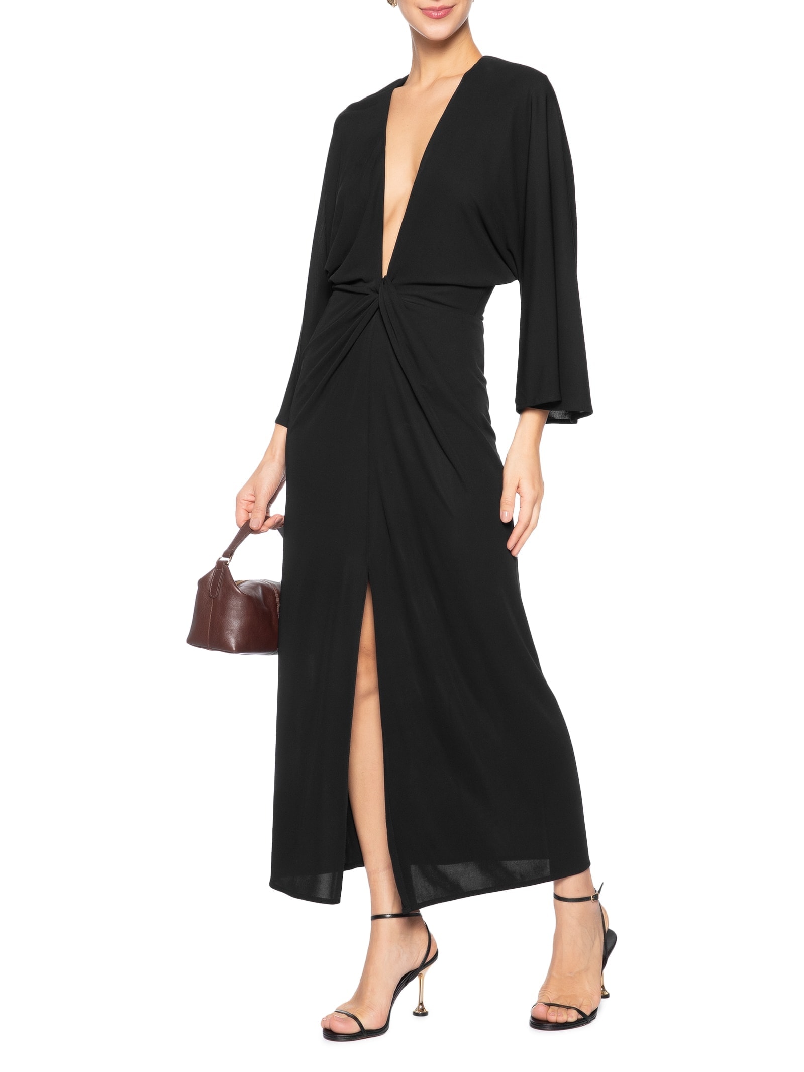 Vestido Jersey Midi Decote Profundo Preto Animale
