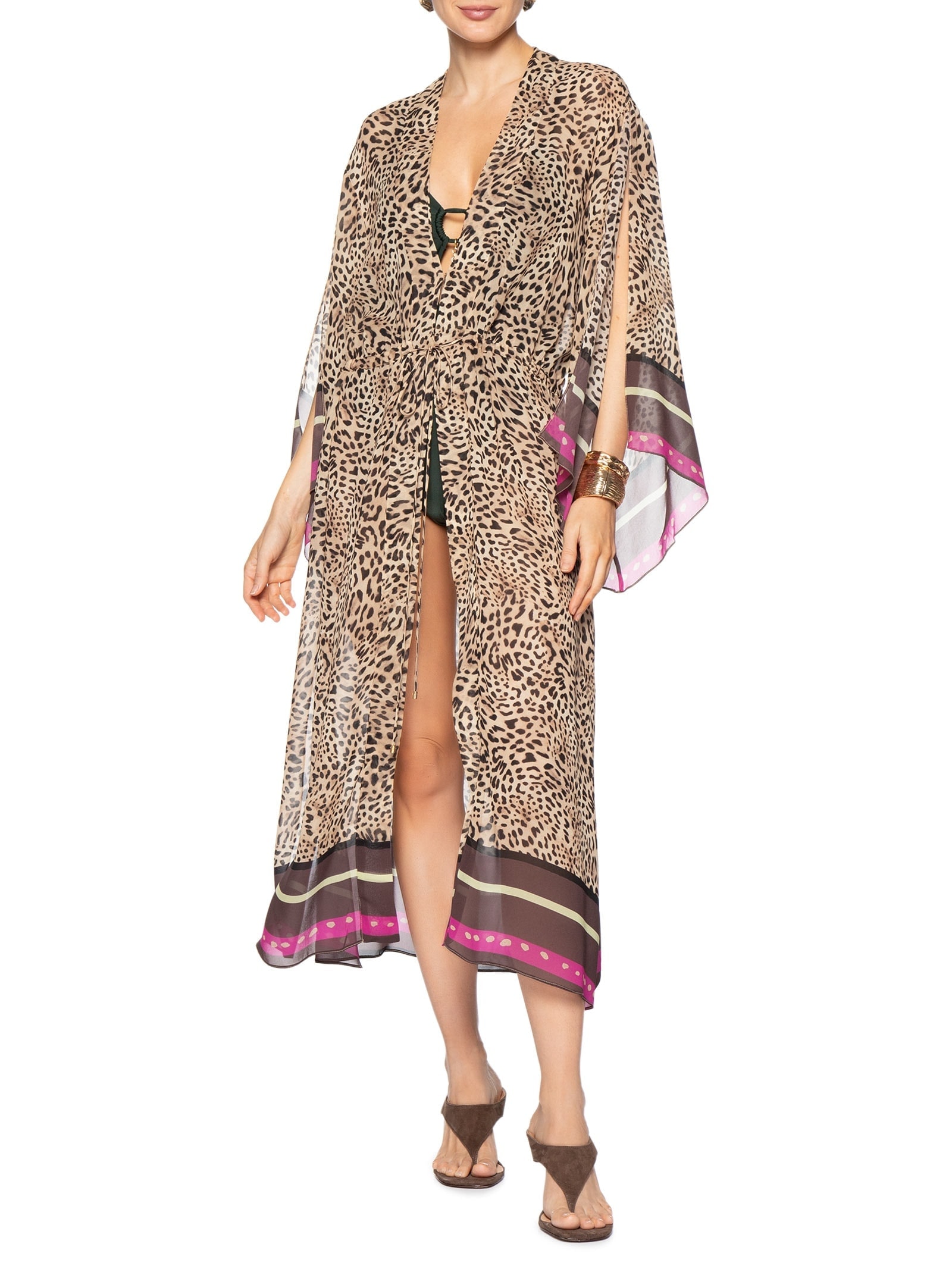 Vestido Kaftan Onça Lenço Resort Marrom Animale Resort