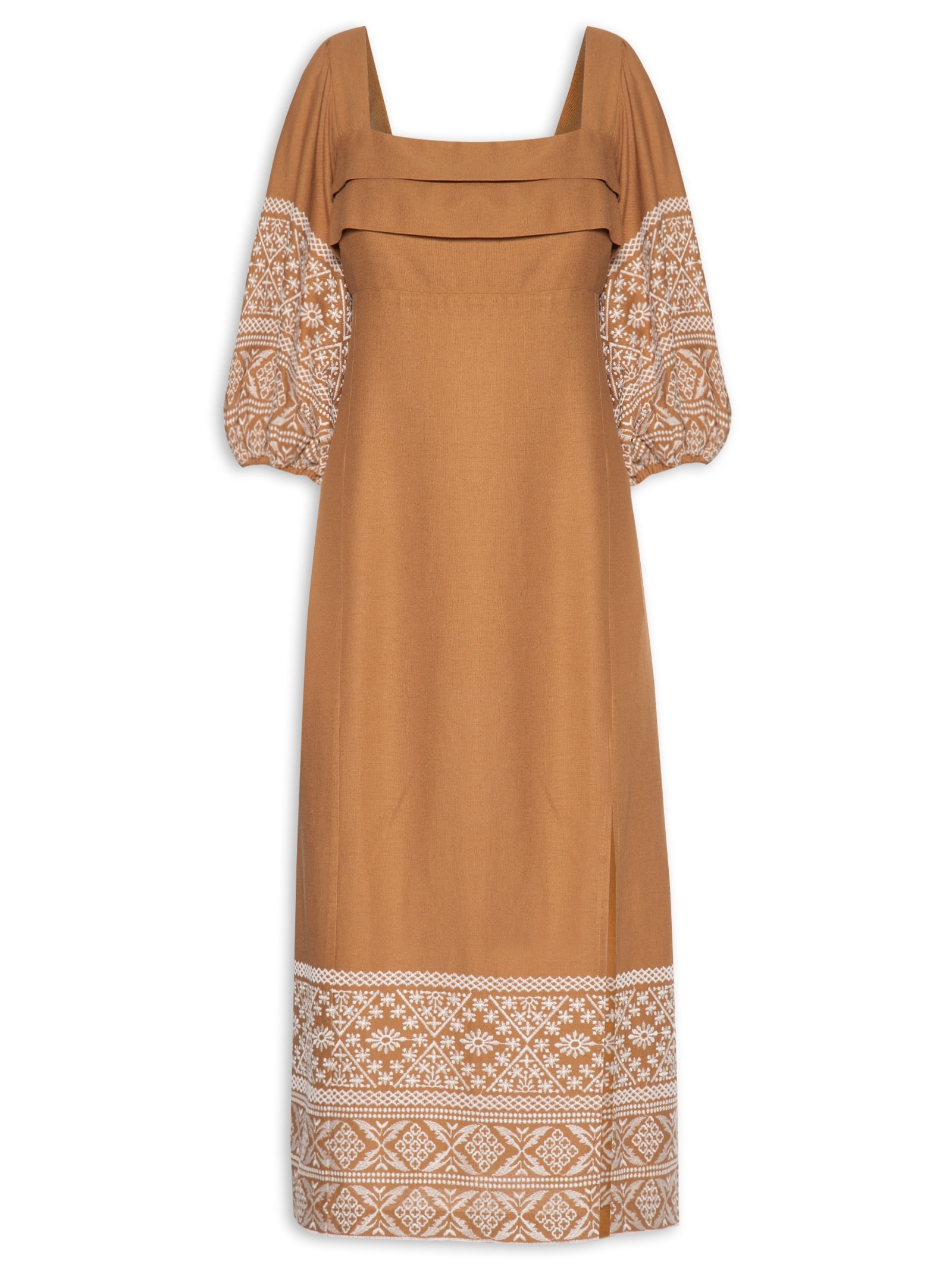Vestido Linho Bordado Andarilhos Marrom Cantão