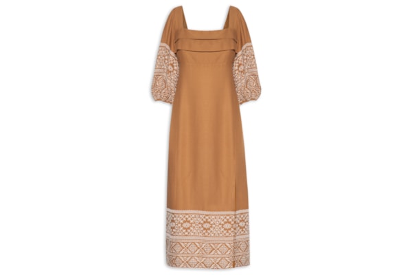 Vestido Linho Bordado Andarilhos - Marrom