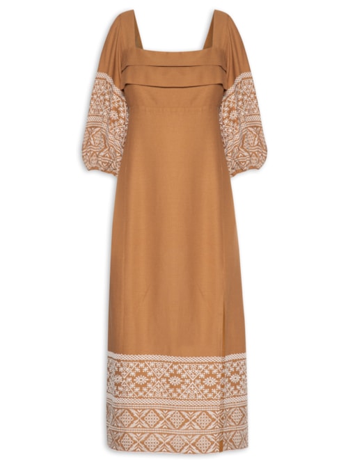 Vestido Linho Bordado Andarilhos - Marrom