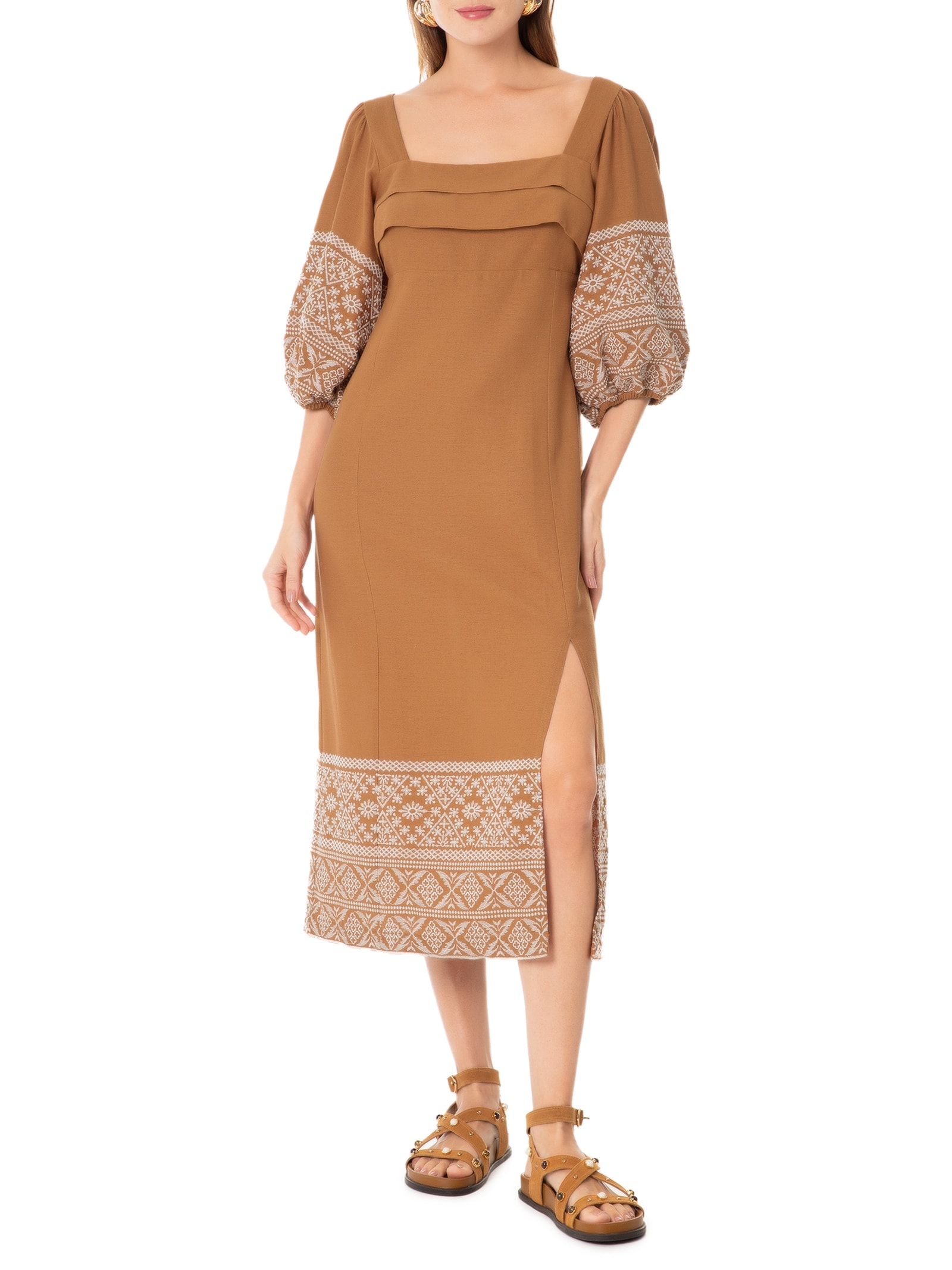 Vestido Linho Bordado Andarilhos Marrom Cantão